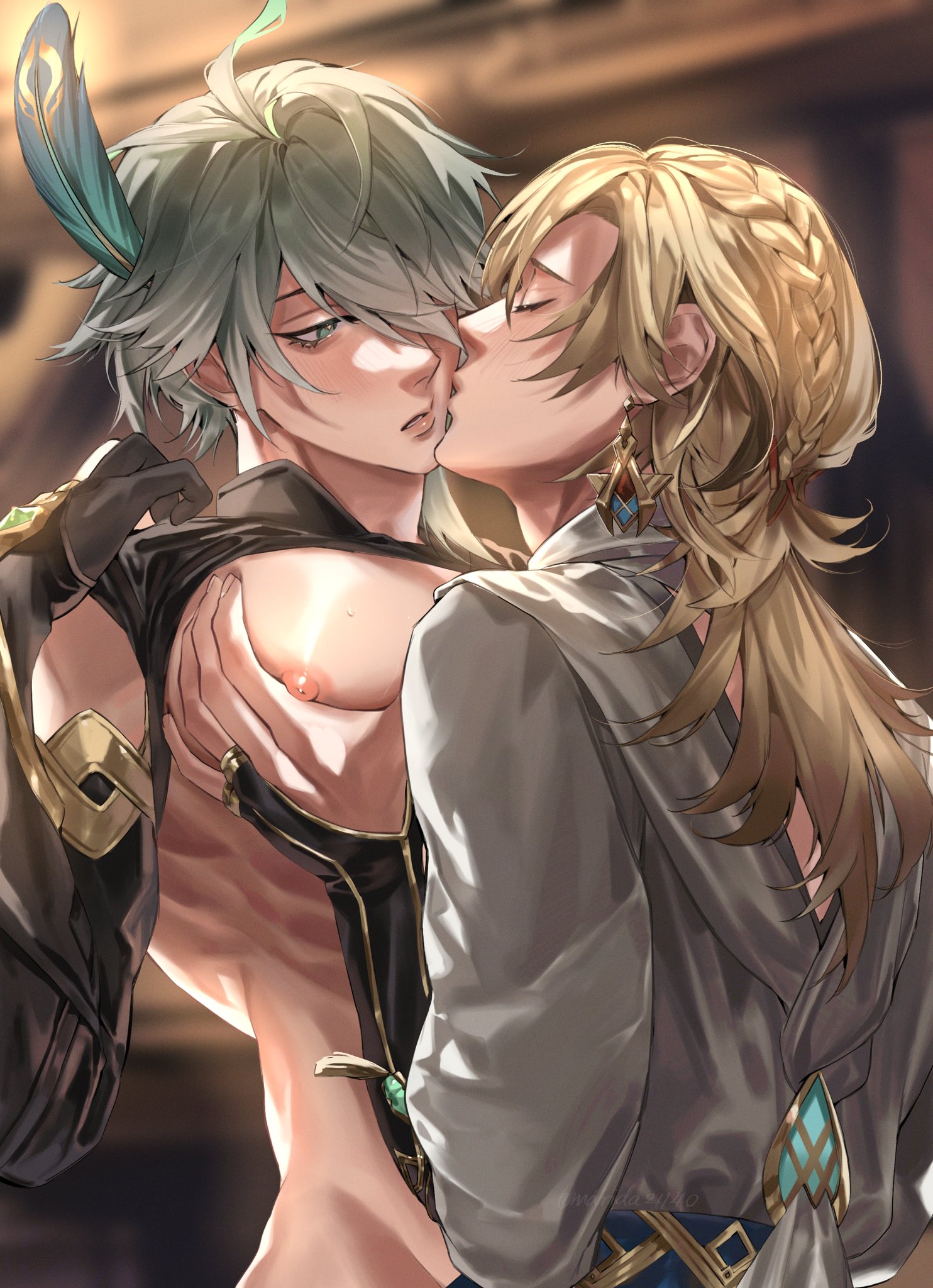 alhaitham (genshin impact), genshin impact, kaveh (genshin impact), male, nipple tweak, nipples, yaoi