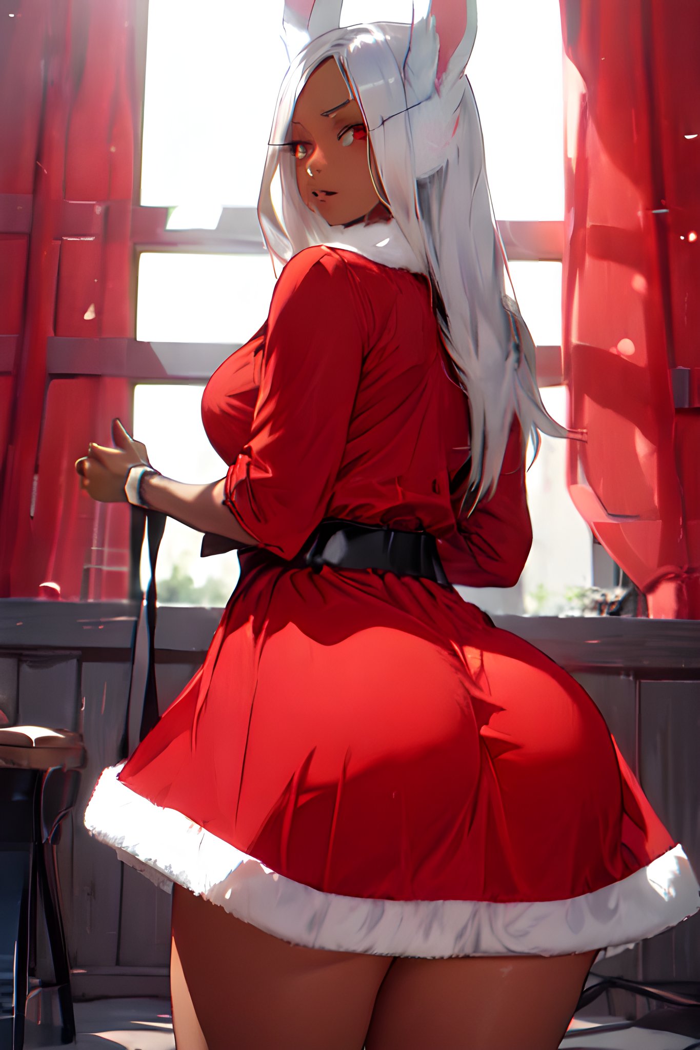 ai generated, ass, big ass, big butt, boku no hero academia, bunny ears, christmas outfit, female, huge ass, miruko, my hero academia, santa costume, santa dress, tan body, white hair