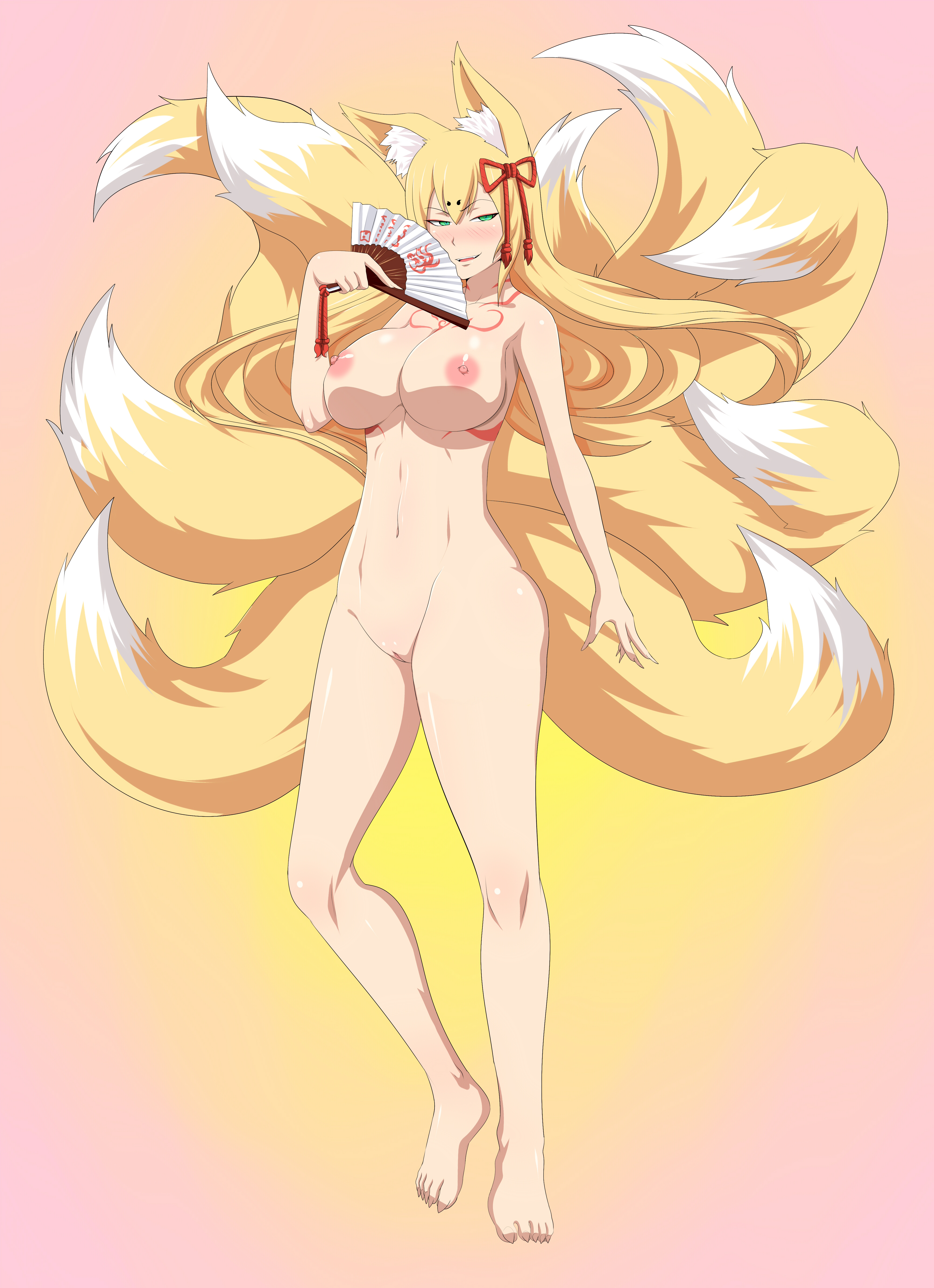 1girls, 9 tails, animal ears, animal tail, barefoot, bed, big breasts, blonde hair, blonde tail, breasts, completely nude, ed-jim, feet, female, female only, fox, fox ears, fox girl, fox tail, full body, green eyes, hand fan, kitsune, larger female, long hair, long nails, mon-musu quest!, monster girl, monster girl quest, multi tail, nails, naked, naked female, nipples, nude, nude female, pose, rubber, solo, solo female, tamamo (monster girl quest), toes