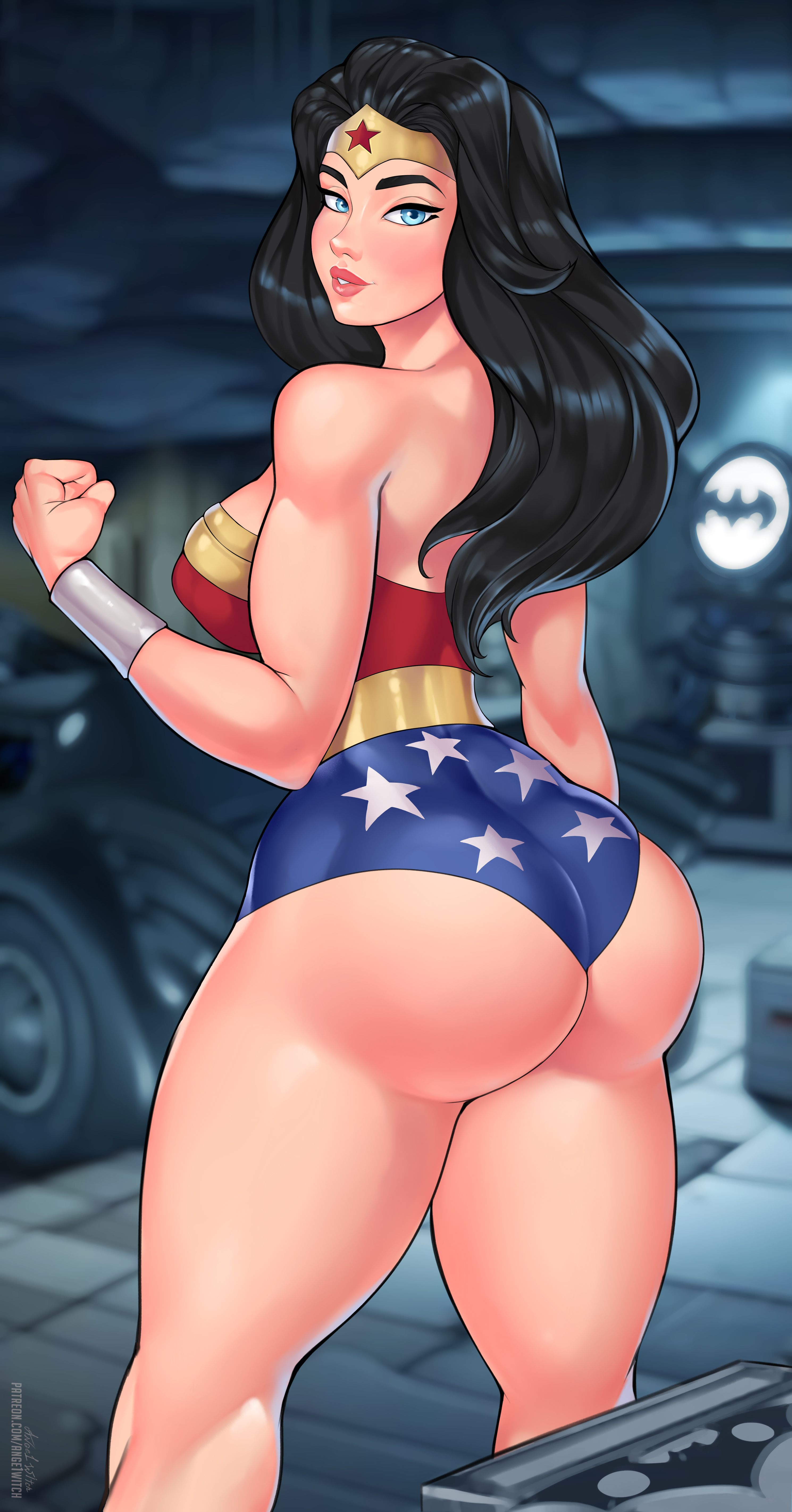 1girls, amazon, ange1witch, ass, batcave, batman, batman (bruce wayne), batman (series), big ass, big breasts, black hair, blue eyes, breasts, bruce wayne, busty, couple, curvaceous, curvy, curvy figure, dc, dc comics, diana prince, eyebrows, eyelashes, eyes, female, female only, fully clothed, hips, hourglass figure, justice league, leotard, light skin, light-skinned female, lips, long hair, looking back, offscreen character, rear view, slim waist, solo, speech bubble, thick, thick hips, thick thighs, thighs, voluptuous, voluptuous female, wide hips, wonder woman, wonder woman (series)