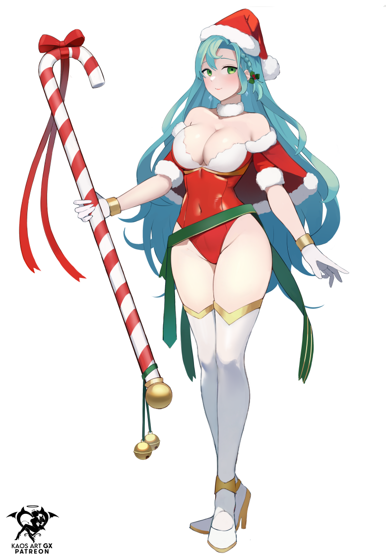 1girls alternate_costume aqua_hair bare_shoulders blue_hair bow breasts candy candy_cane chloe_(fire_emblem) christmas cleavage collar commentary covered_navel female female_only fire_emblem fire_emblem_engage food full_body fur_collar green_eyes groin hat high_heels holding holding_candy holding_food kaos_art large_breasts leotard long_hair looking_at_viewer nintendo off-shoulder_leotard red_bow red_headwear red_leotard santa_hat short_sleeves simple_background smile solo standing thighhighs thighs very_long_hair white_background white_collar white_thighhighs