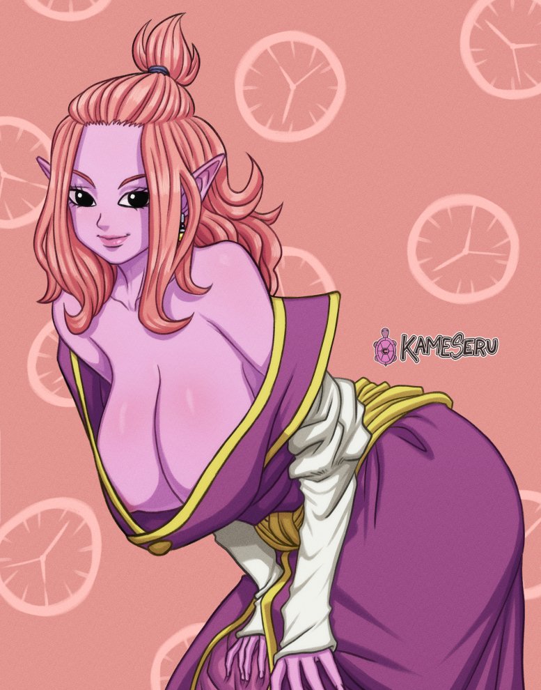 1girls, alternate breast size, bending forward, big breasts, breasts, chronoa, core person, dragon ball, dragon ball heroes, dragon ball xenoverse, female, female only, fully clothed, goddess, huge breasts, kameseru, long hair, nipples, pink hair, pink skin, pointy ears, potara earrings, revealing clothes, shounen jump, solo, solo female, solo focus, voluptuous