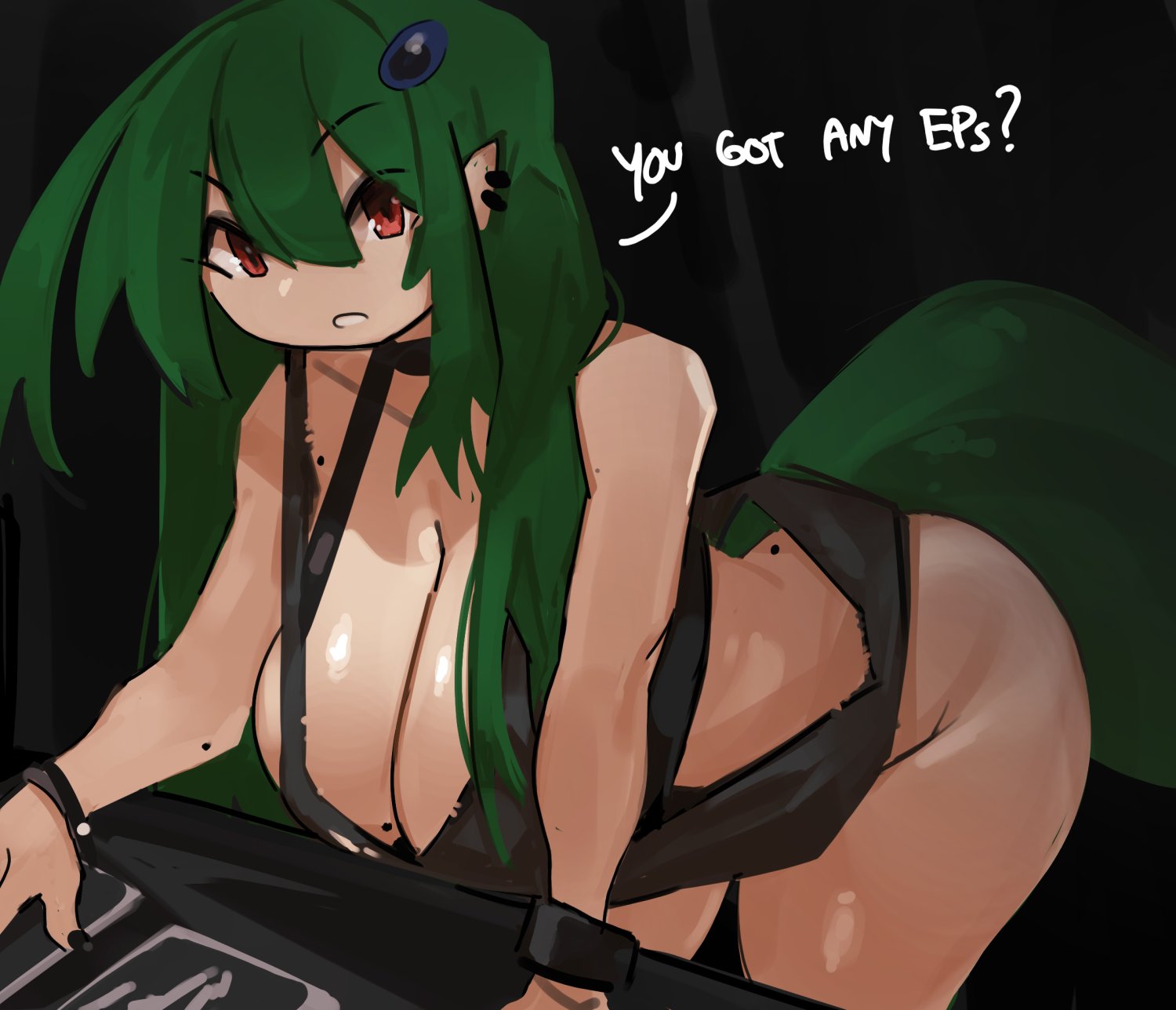 1girls, breasts, cleavage, dialogue, english text, female, green hair, hi res, large breasts, leaning forward, light skin, light-skinned female, lizard girl, long hair, looking at viewer, original, original character, pointy ears, tail, talking to viewer, tank top, thighs, vera (zanamaoria), zanamaoria