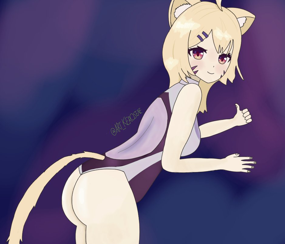 1girl :3 ahoge animal_ears ass bare_arms bare_shoulders black_swimsuit blonde_hair blue_background blush breasts cat_ears cat_tail catgirl closed_mouth competition_swimsuit cowboy_shot face_markings facial_mark female_only hair_ornament hairclip highleg lion_ears lion_tail long_hair looking_at_viewer looking_back nail_polish one-piece_swimsuit purple_background red_eyes simple_background smile solo squchan_(vtuber) swimsuit tail twitter_username virtual_youtuber vyugen