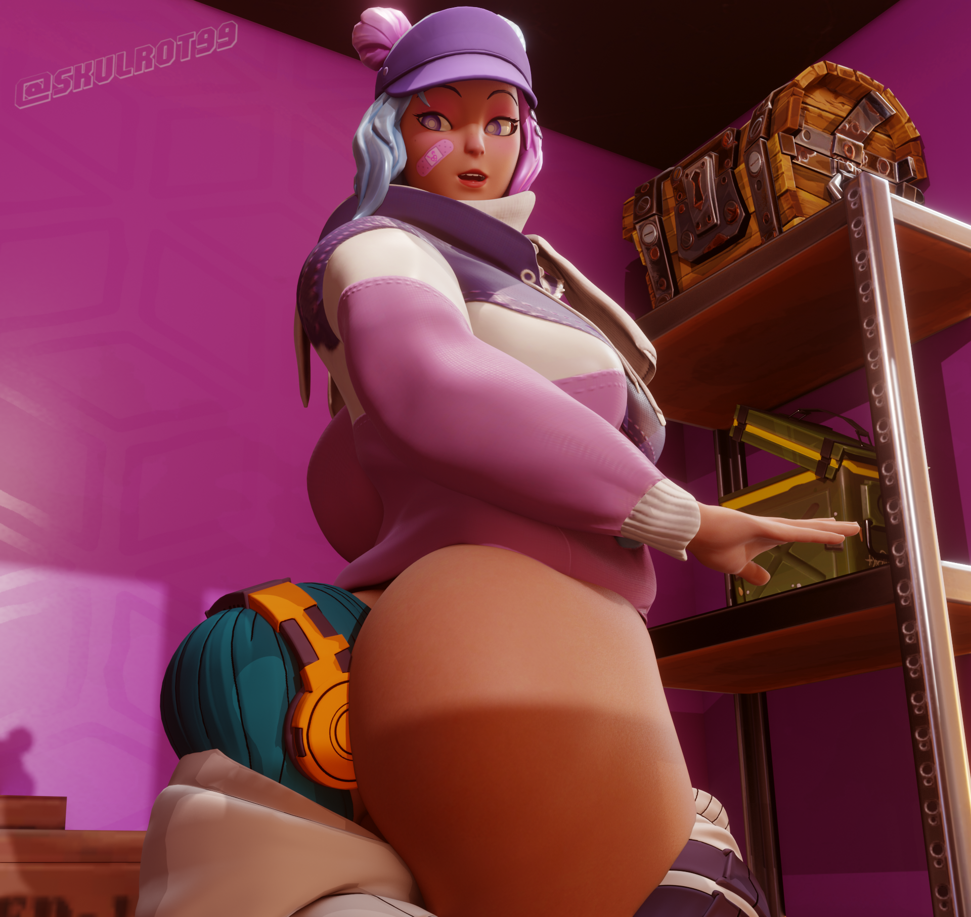 2girls, 3d, ass, blender, bottomless, cyan hair, dark skin, dark-skinned female, face on ass, female, fortnite, hat, headphones, huge ass, jacket, leelah (fortnite), multicolored hair, purple eyes, short hair, skulrot99, yuki (fortnite), yuri