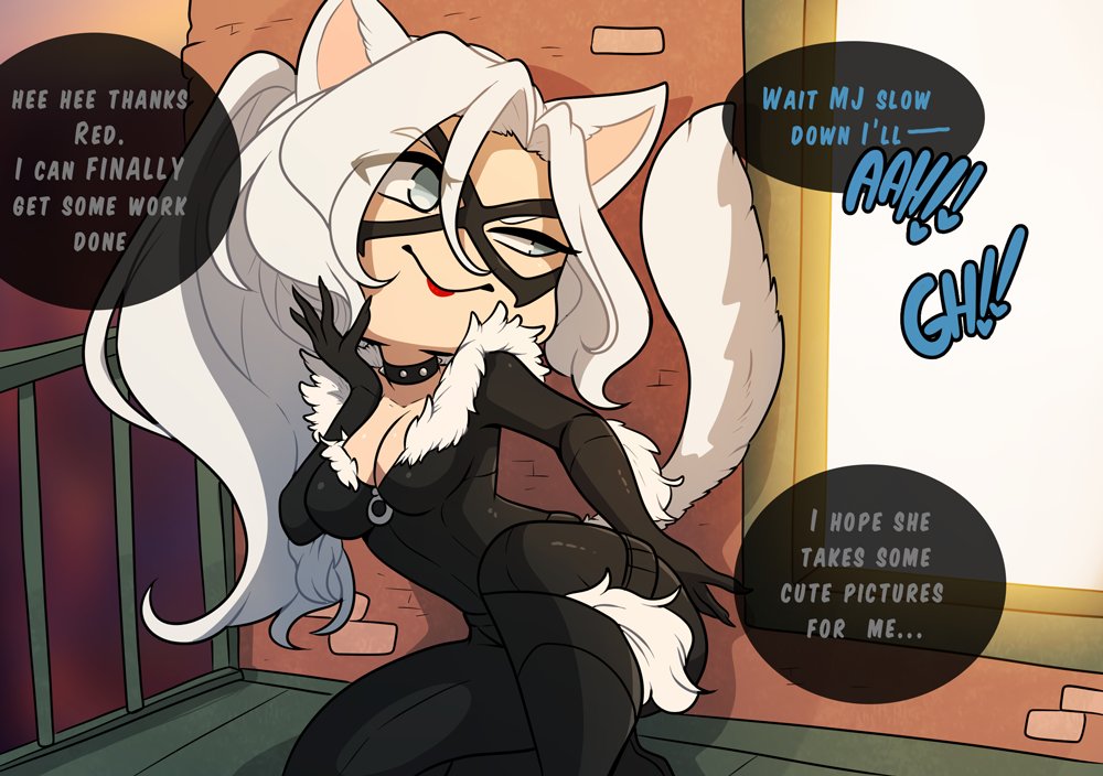 1girls, black cat (marvel), blue eyes, bodysuit, cat ears, cat girl, cat tail, catgirl, dialogue, distracted, english text, eye mask, felicia hardy, female, female only, kinkymation, long hair, marvel, marvel comics, occupied, ponytail, red lipstick, smile, solo, speech bubble, spiked collar, white hair