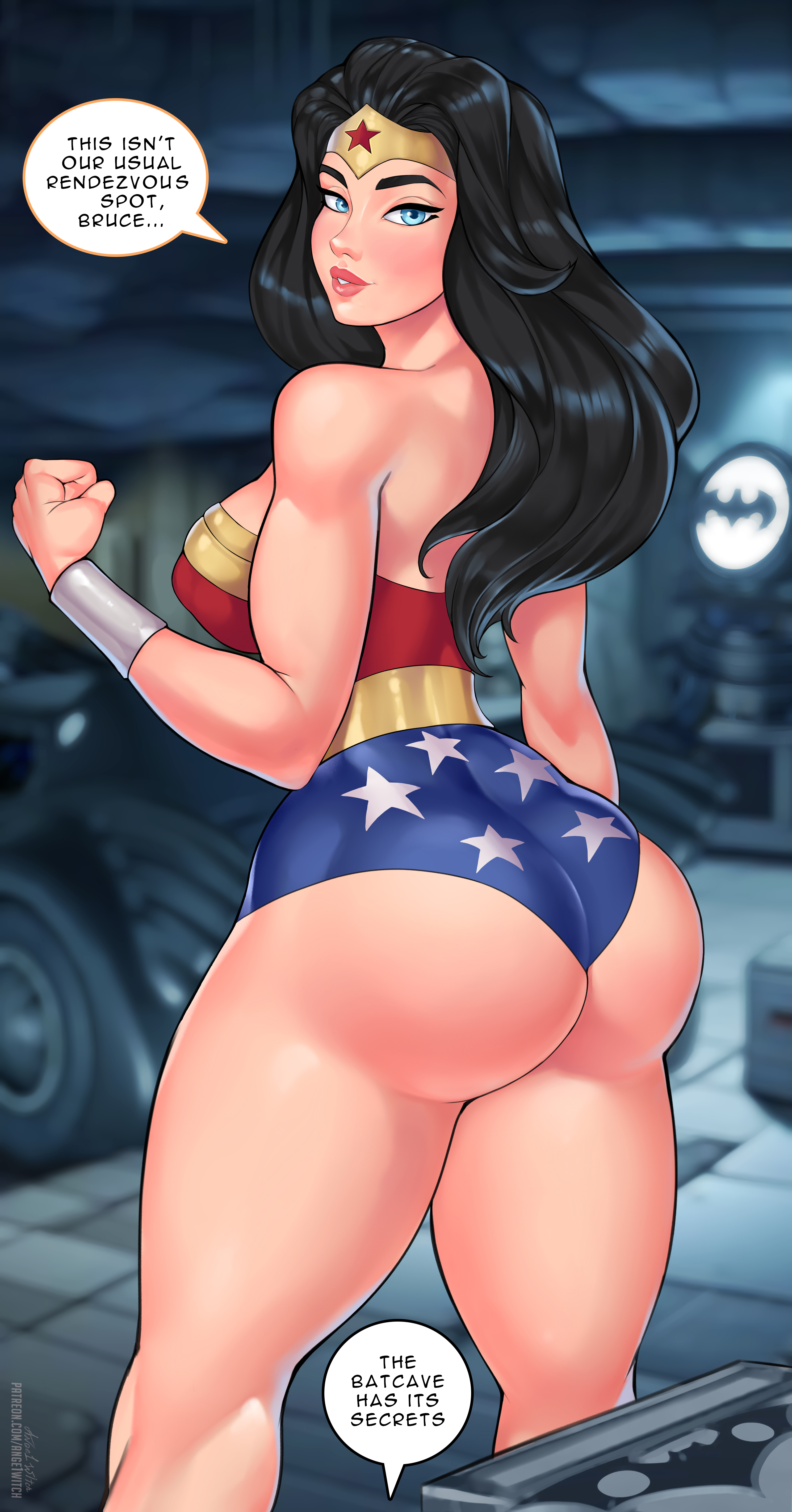 1girls, amazon, ange1witch, ass, batman, batman (bruce wayne), batman (series), big ass, big breasts, black hair, blue eyes, breasts, bruce wayne, busty, couple, curvaceous, curvy, curvy figure, dc, dc comics, dialogue, diana prince, eyebrows, eyelashes, eyes, female, female only, fully clothed, girlfriend, hips, hourglass figure, justice league, leotard, light skin, light-skinned female, lips, long hair, looking back, offscreen character, rear view, slim waist, solo, speech bubble, thick, thick hips, thick thighs, thighs, voluptuous, voluptuous female, wide hips, wonder woman, wonder woman (series)