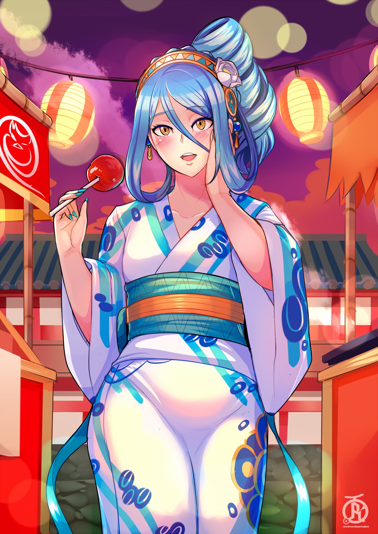 1girls alternate_costume alternative_costume artist_logo artist_name azura_(fire_emblem) blue_hair blush candy candy_apple color earrings festival fingernails fire_emblem fire_emblem_fates food food_stand gold_eyes hand_on_own_face headband highres japanese_clothes jewelry kimono lantern long_fingernails night obi revolverwingstudios sash smile tied_hair yellow_eyes