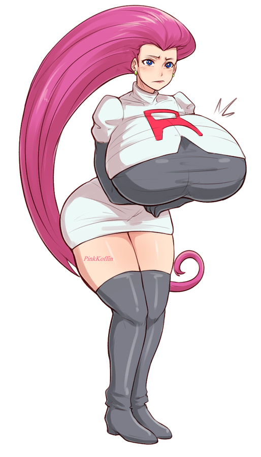 1girls, alternate breast size, ass, big ass, blue eyes, blush, blushing, boots, breast expansion, breast growth, breast growth (enlargement), breast hold, breasts, breasts bigger than head, cleavage, clothed, clothes, clothing, earrings, english text, female, female only, full body, gigantic breasts, gloves, hair, high heel boots, hips, human, human only, jessie (pokemon), large ass, light skin, light-skinned female, lipstick, long hair, looking at viewer, nintendo, pale skin, pale-skinned female, pink hair, pinkkoffin, pokemon, pokemon (anime), pokemon trainer, shoes, simple background, solo, standing, team rocket, text, thick, thick ass, thick thighs, thighhighs, thighs, voluptuous, watermark, white background, wide hips