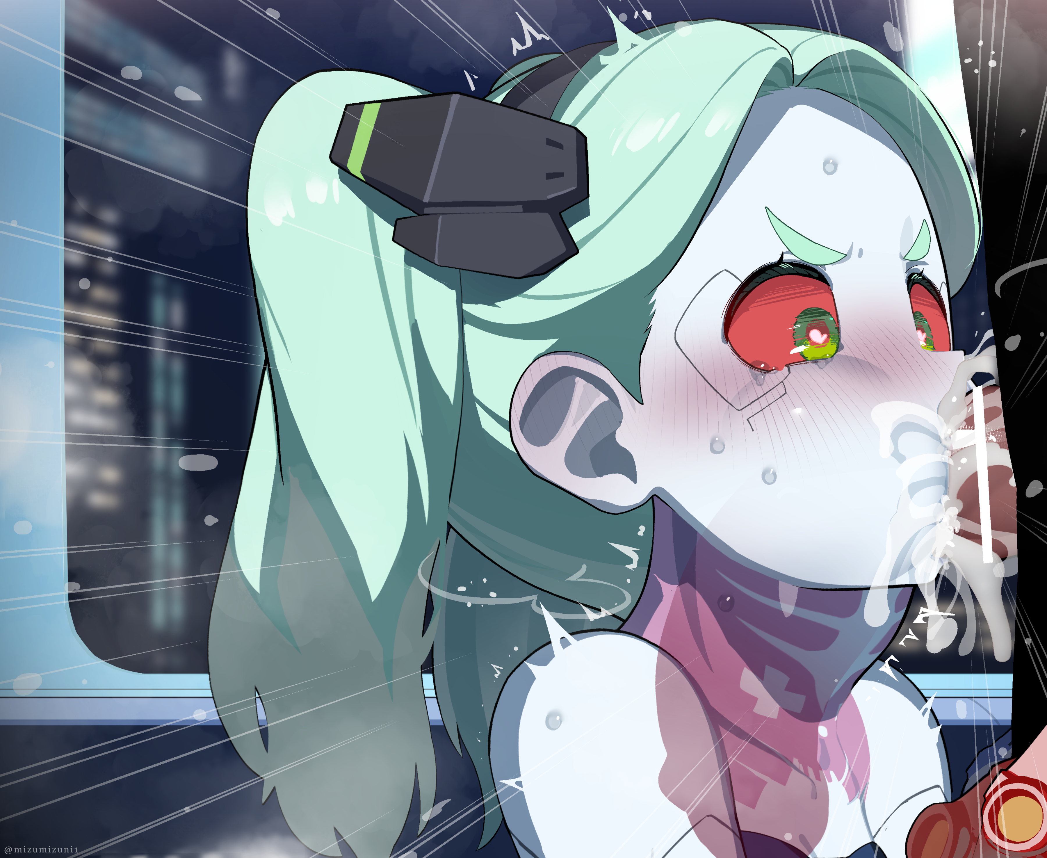 1boy, 1girls, bar censor, blush, censored, cum, cum in mouth, cum out nose, cyberpunk: edgerunners, deepthroat, fellatio, female, heart, heart-shaped pupils, highres, male, mizumizuni, panting, penis, rebecca (edgerunners), tagme