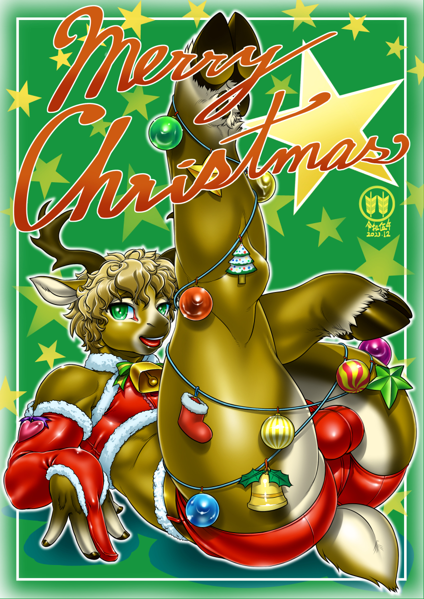 2023 anthro antlers armwear balls_outline biped blonde_hair bottomwear brown_body brown_fur bulge christmas christmas_clothing christmas_ornament clothed clothing cloven_hooves deer detailed_bulge digital_media_(artwork) elbow_gloves fingers fur genital_outline girly gloves green_eyes hair handwear hi_res holidays hooved_fingers hooves horn kuro-gane lying male mammal merry_christmas new_world_deer on_back reindeer shorts skimpy solo thick_thighs white_body white_fur