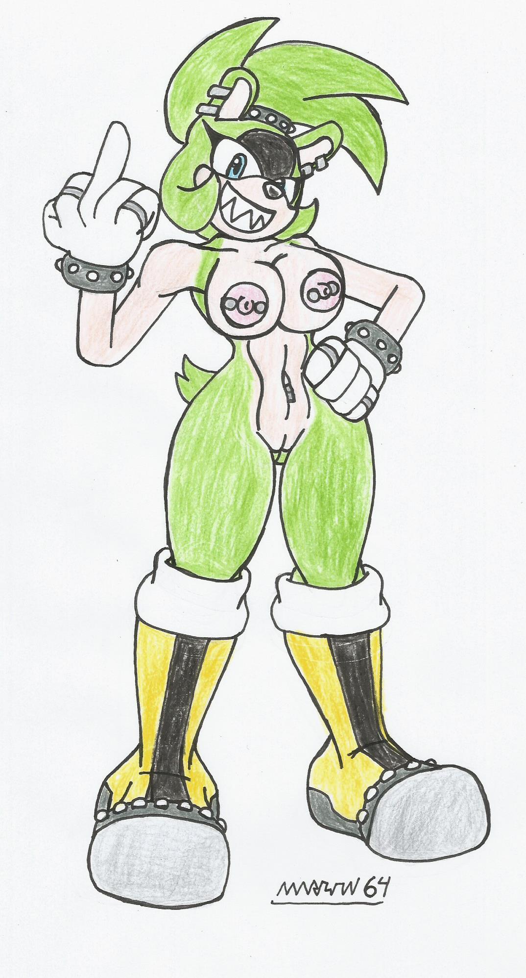 anthro belly_button_piercing big_breasts big_hips blue_eyes bracelet breasts ear_piercing earrings female_only furry green_fur hand_on_hip hips long_boots marlon64 middle_finger mobian_(species) naked_boots naked_female naked_gloves naughty_face navel nipple_piercing nipples pussy rings solo sonic_(series) sonic_the_hedgehog_(idw) sonic_the_hedgehog_(series) standing surge_the_tenrec thighs traditional_drawing_(artwork) white_background