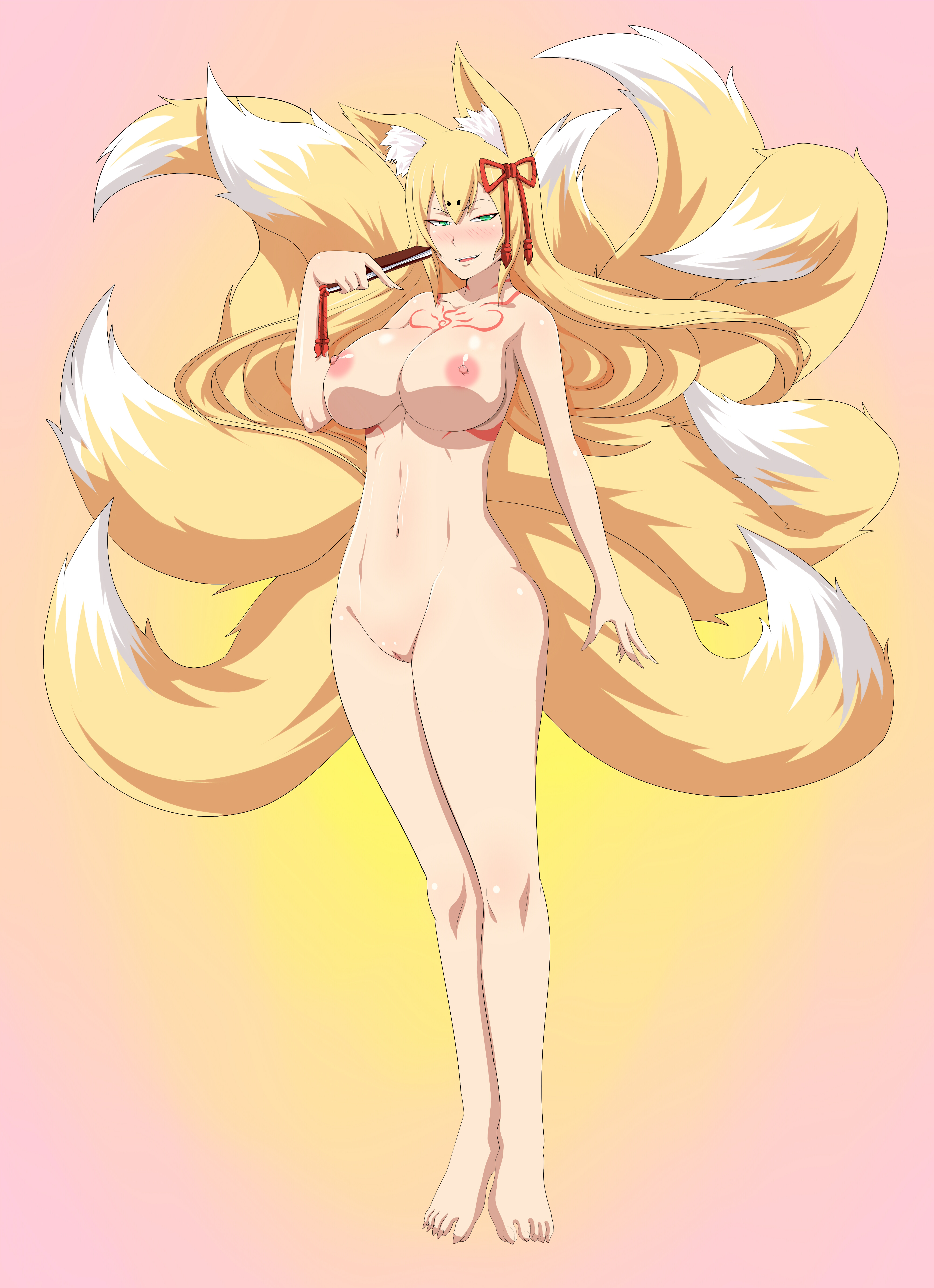 1girls, 9 tails, animal ears, animal tail, barefoot, bed, big breasts, blonde hair, blonde tail, breasts, completely nude, ed-jim, feet, female, female only, fox, fox ears, fox girl, fox tail, full body, green eyes, hand fan, kitsune, larger female, long hair, long nails, mon-musu quest!, monster girl, monster girl quest, multi tail, nails, naked, naked female, nipples, nude, nude female, pose, rubber, solo, solo female, tamamo (monster girl quest), toes