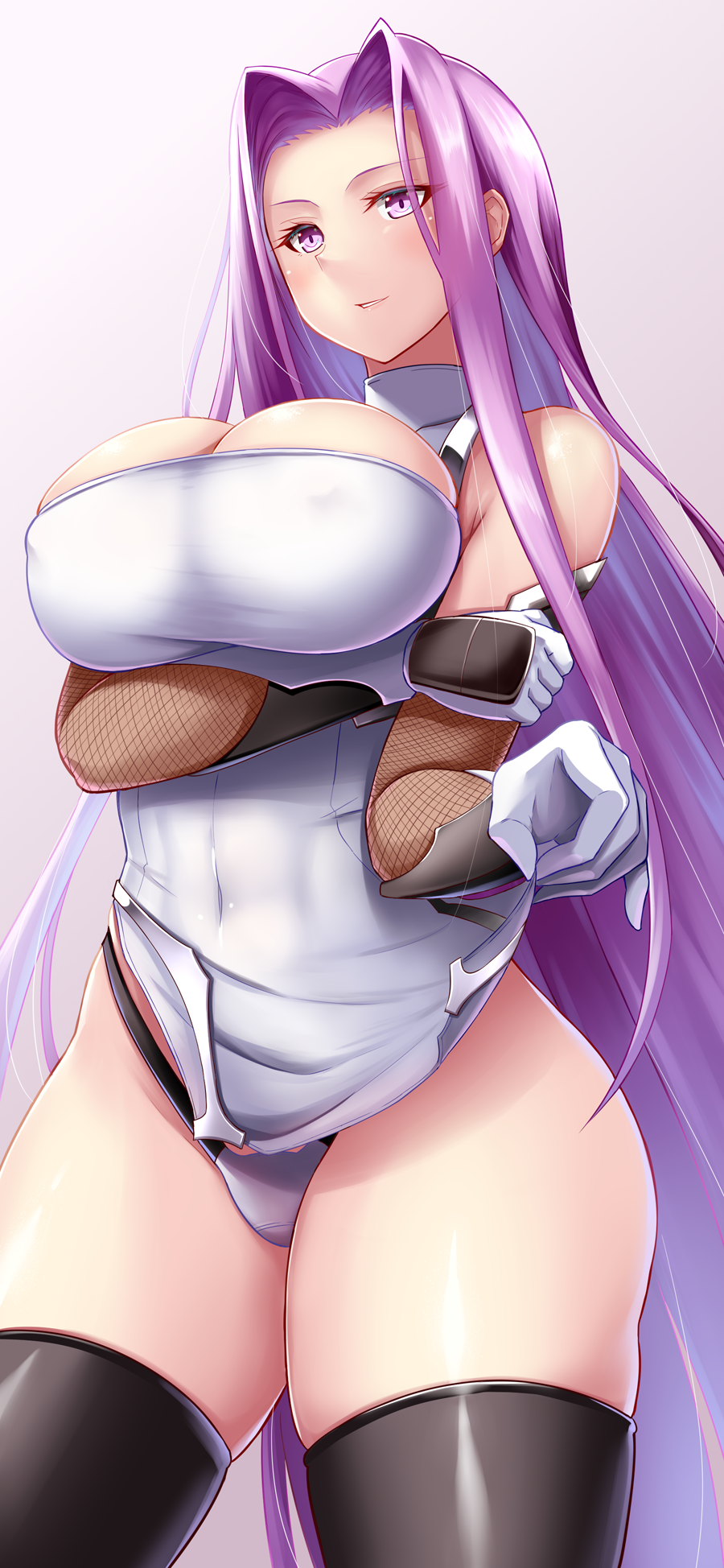 arm_under_breasts black_thighhighs breast_hold breasts cosplay covered_navel covered_nipples fate/stay_night fate_(series) female fishnets highres large_breasts long_hair medusa_(fate) medusa_(rider)_(fate) pelvic_curtain purple_eyes purple_hair shiny_skin smile solo standing taimanin_(series) taimanin_murasaki taimanin_suit thighhighs very_long_hair yatsu_murasaki yatsu_murasaki_(cosplay) yuki_mizore