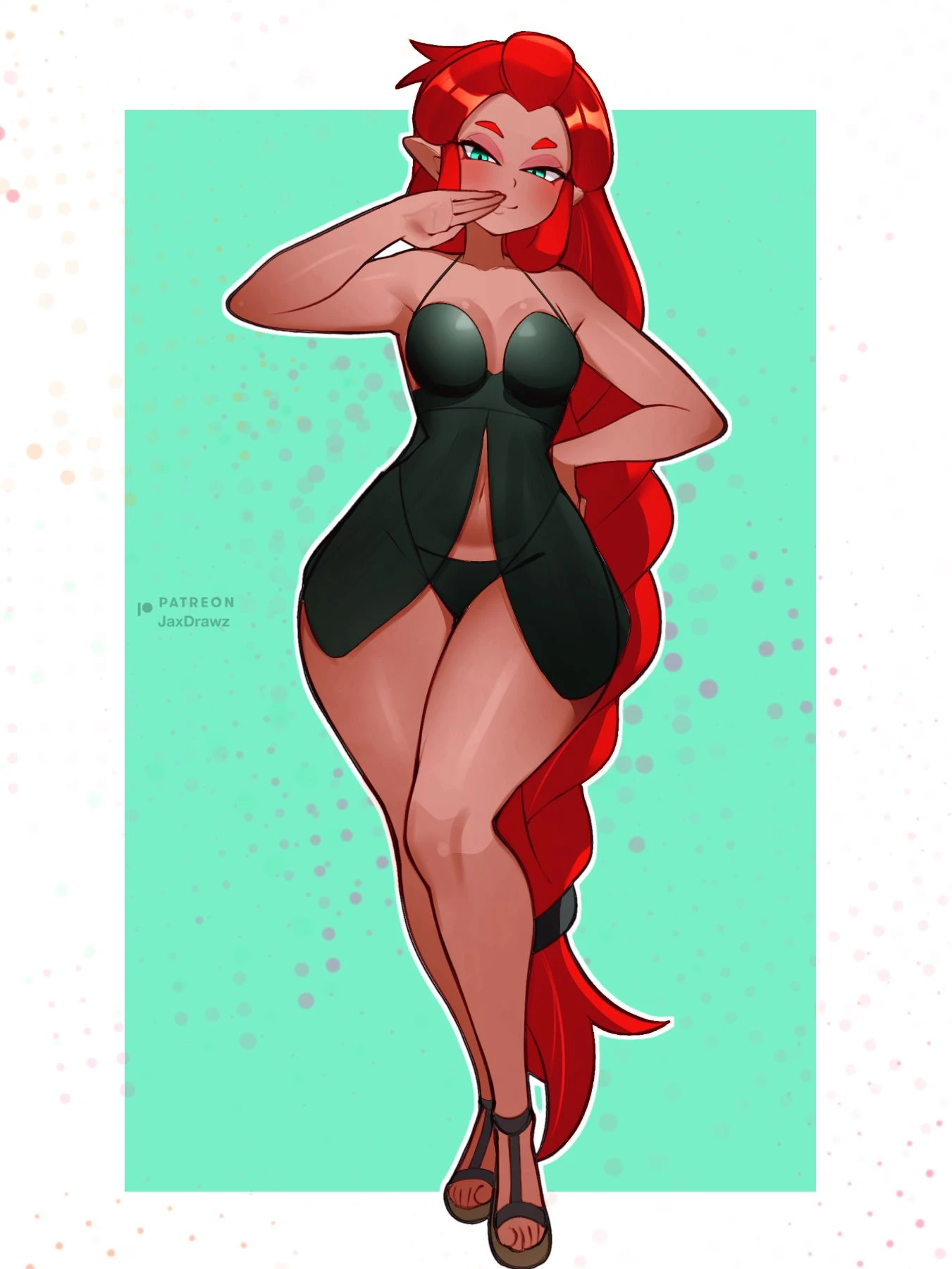 1girls, babydoll, black lingerie, black panties, blue eyes, braid, braided hair, braided ponytail, breath of the wild, child bearing hips, dark skin, dark-skinned female, female, female focus, female only, gerudo, hip dips, hips, hips wider than shoulders, jaxdrawz, long hair, navel, navel cutout, navel visible through clothes, ojou-sama pose, panties, panties visible through clothing, pear-shaped figure, pointy ears, red hair, riju, small breasts, smug, smug face, solo, solo female, solo focus, the legend of zelda, thick thighs, thighs, wide hips