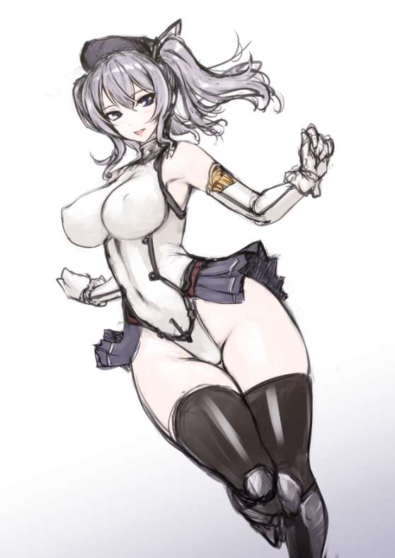 adapted_costume bare_shoulders black_thighhighs blush breasts cosplay covered_navel covered_nipples elbow_gloves female female_only gloves grey_eyes grey_hair hat highleg highleg_leotard kantai_collection kashima_(kantai_collection) large_breasts leotard looking_at_viewer rindou_(radical_dream) short_hair solo solo_female taimanin_(series) taimanin_suit thighhighs tsurime twintails wavy_hair white_gloves