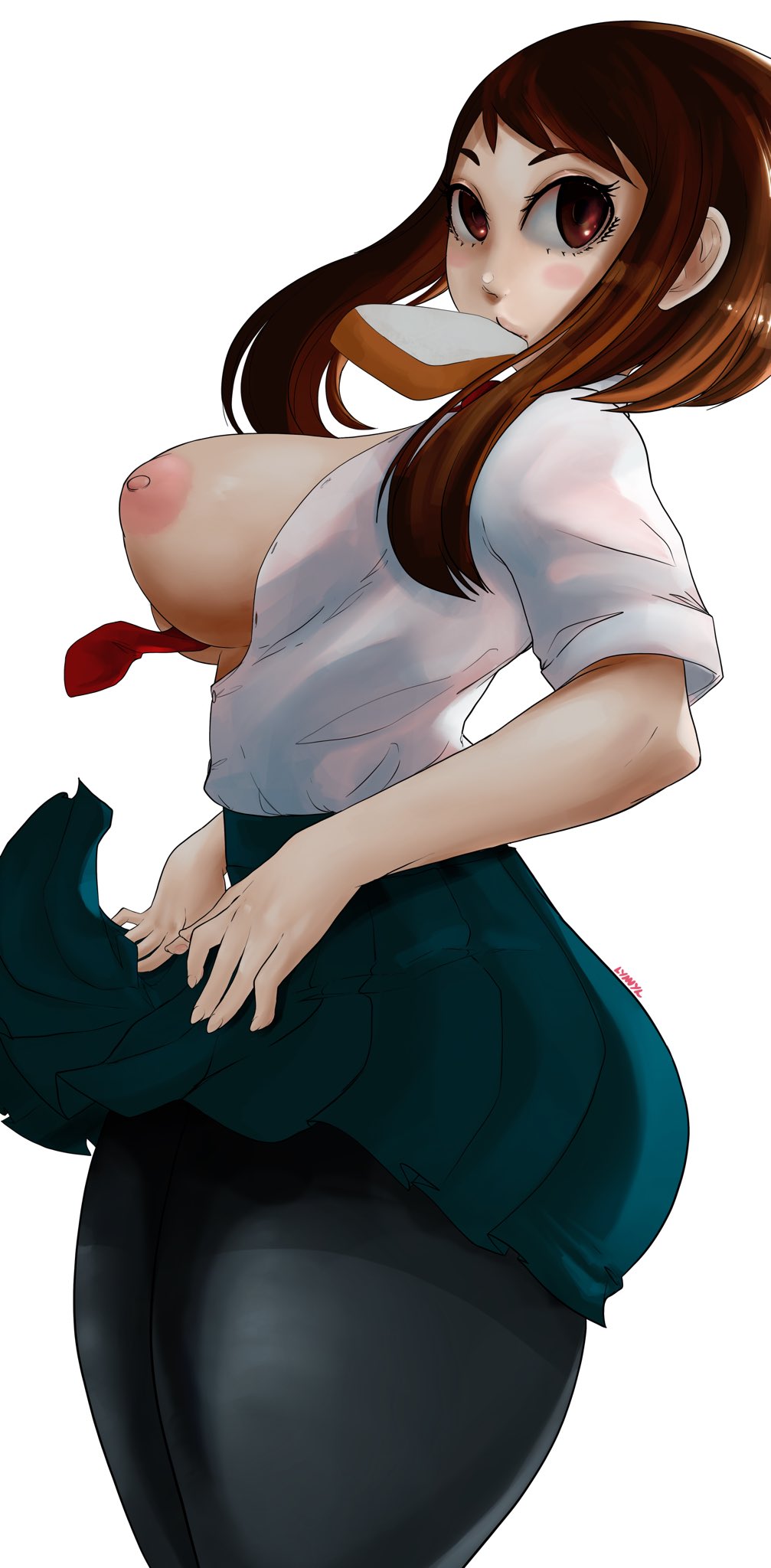 big breasts, breasts, brown eyes, brown hair, female, female only, looking at viewer, lyn nyl, my hero academia, nipples, ochako uraraka, school uniform, short hair, skirt, solo, solo female, solo focus, tights, u.a. school uniform