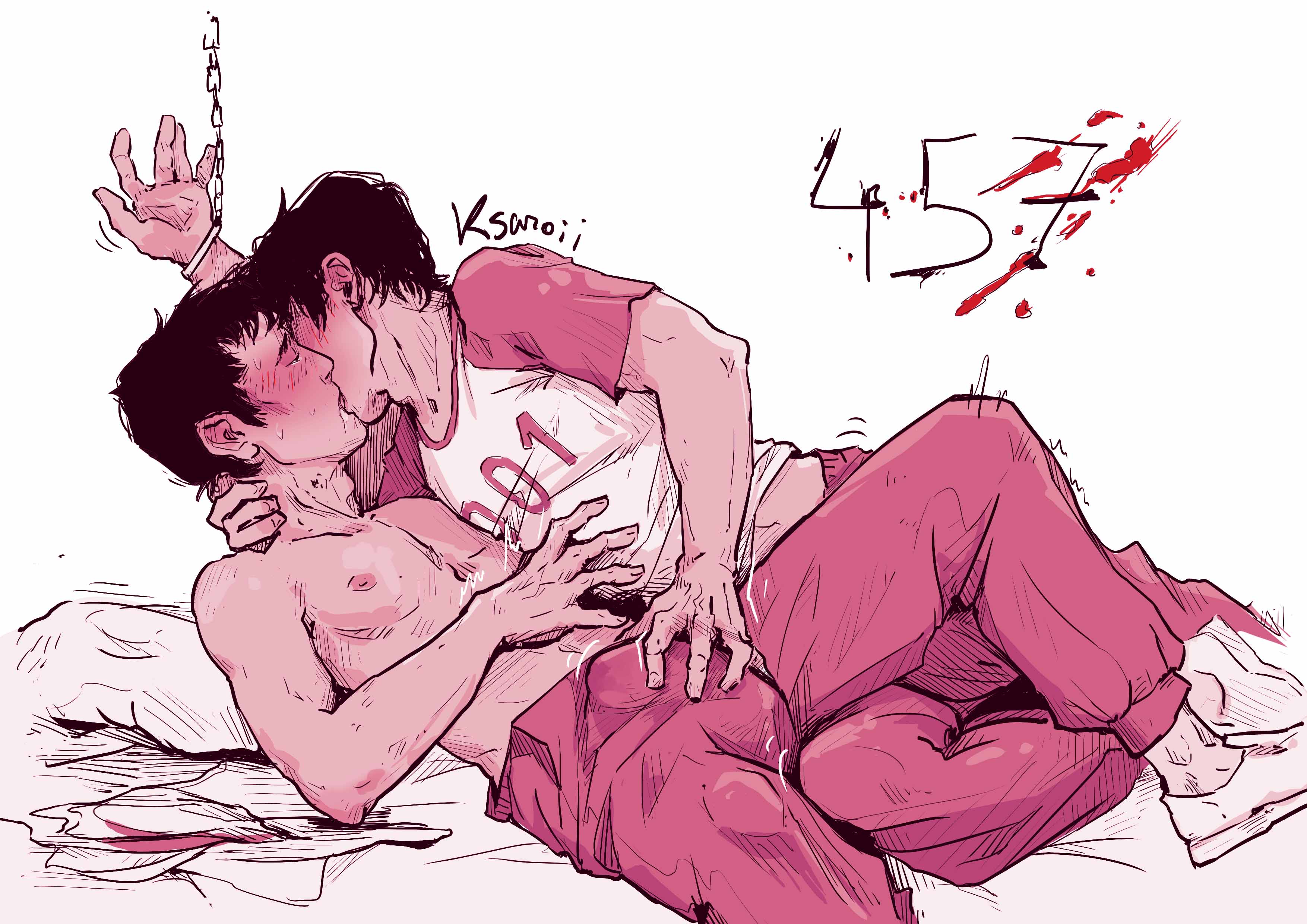 erection under clothes, gay, gay kissing, handcuffed, hwang in-ho, kissing, korean, male, penis, rubbing penis, seong gi-hun, squid game