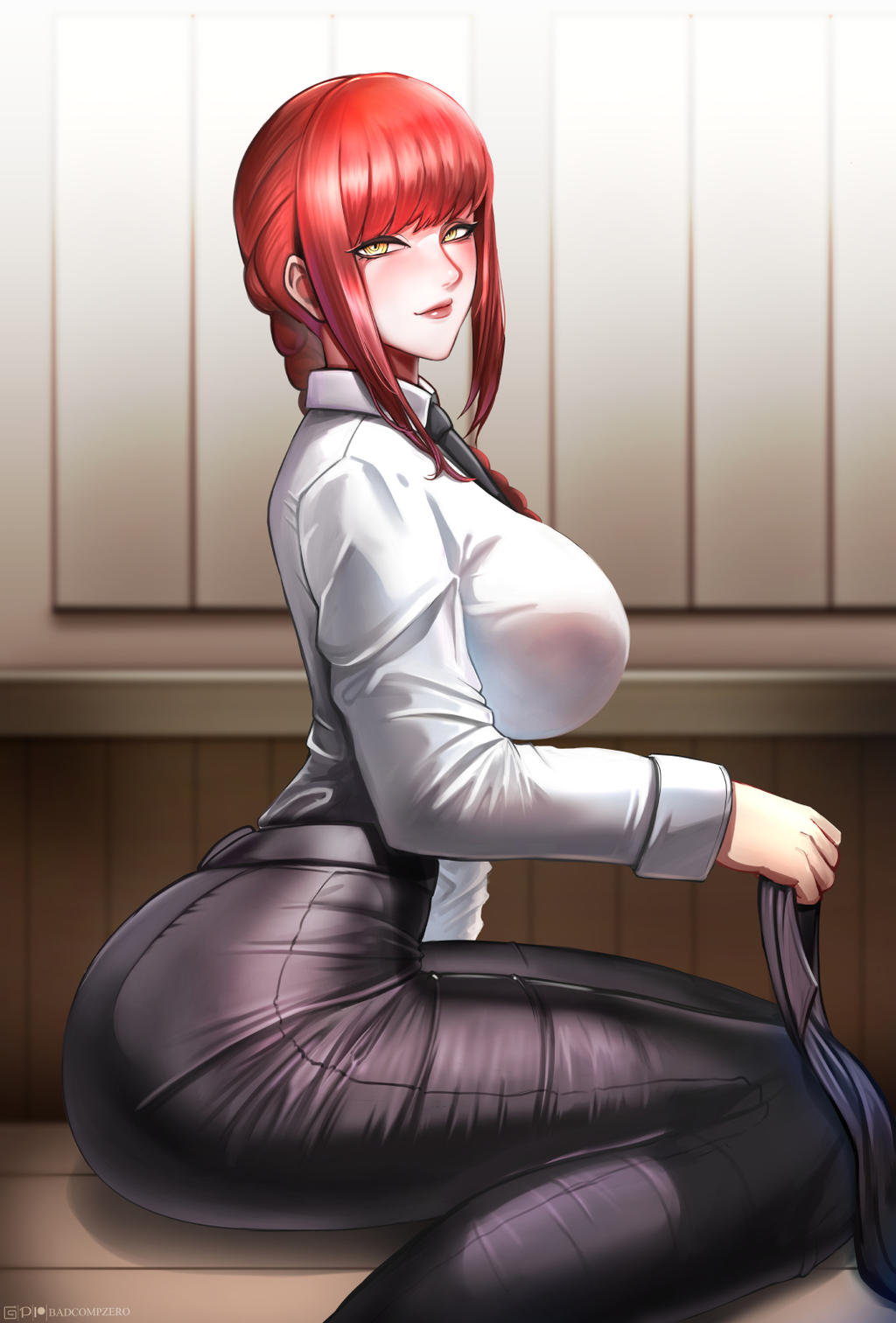 1girls, 2021, anime, ass, badcompzero, big ass, big breasts, big butt, breasts, business attire, business suit, business woman, chainsaw man, clothed, clothed female, devil, devil girl, female, female focus, female only, light skin, light-skinned female, looking at viewer, makima (chainsaw man), manga, red hair, red-haired female, side view, smile, smiling at viewer, solo, solo female, solo focus, suit, thighs, yellow eyes