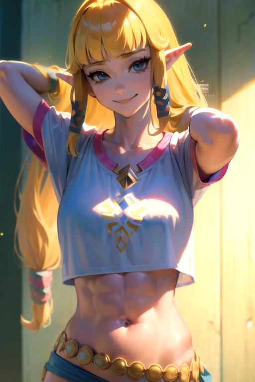 ai_generated aiposter arms_up blonde_hair hair_ribbon looking_at_viewer midriff muscular muscular_female princess_zelda skyward_sword the_legend_of_zelda zelda_(skyward_sword)