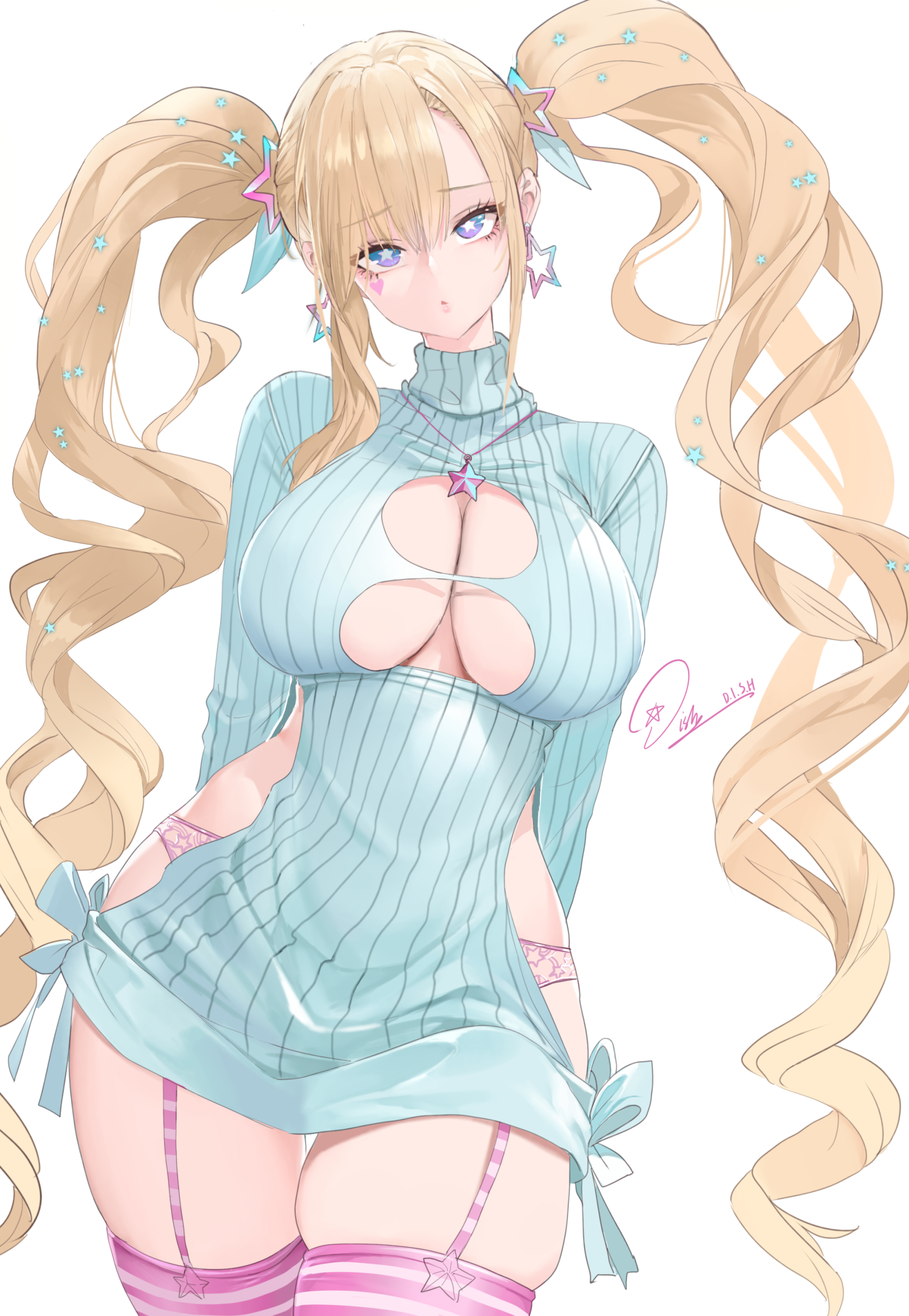 1girls, azur lane, blonde hair, blue eyes, breasts, cleavage, dishwasher1910, eagle union (azur lane), female, female only, garter straps, guam (azur lane), huge breasts, light skin, light-skinned female, long hair, skindentation, solo, star-shaped pupils, symbol-shaped pupils, thighhighs, twintails