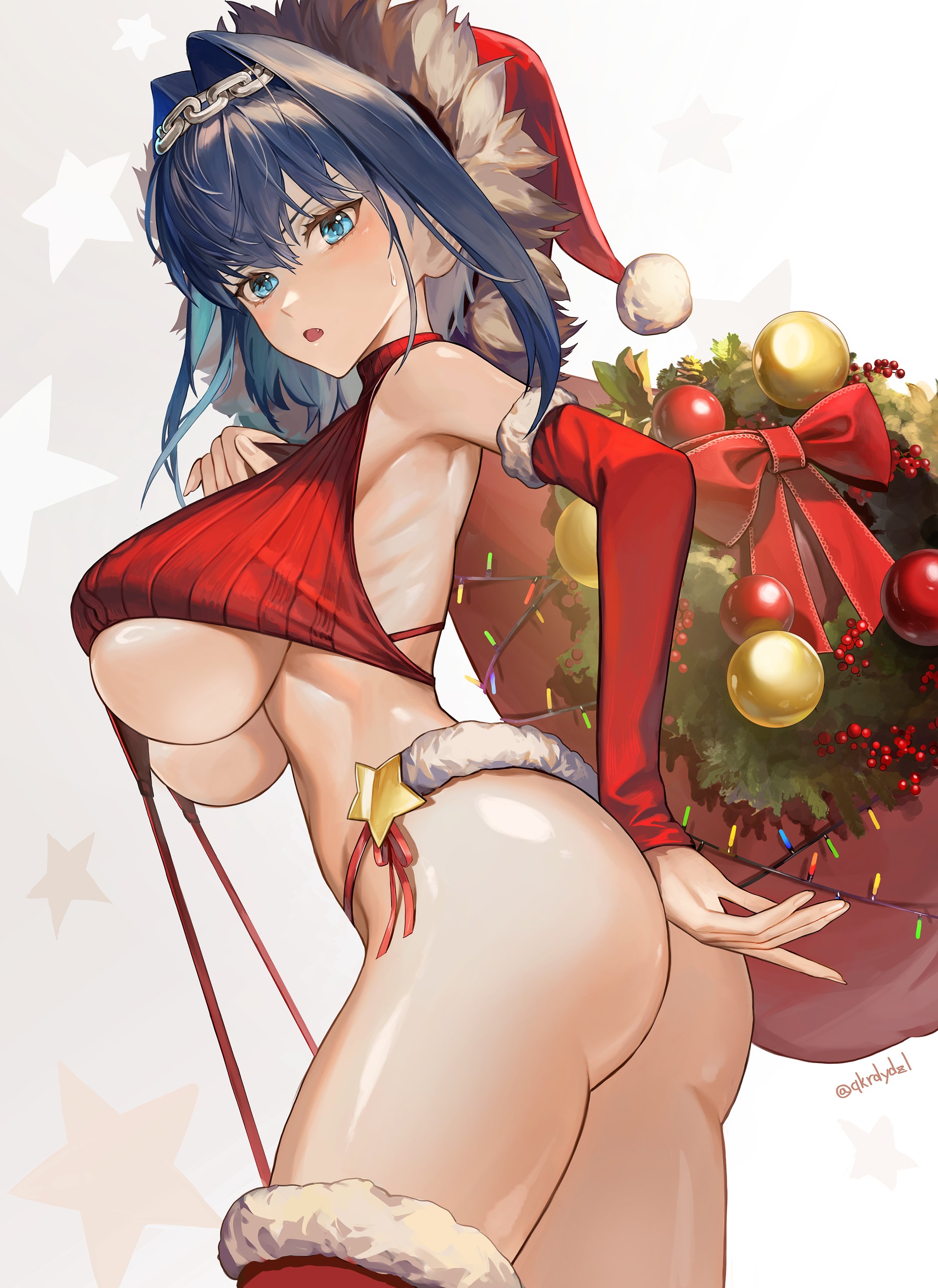 1girls, artist request, blue eyes, blue hair, breasts, christmas, female, hi res, hololive, hololive english, hololive english -council-, hololive english -promise-, huge breasts, large breasts, light skin, light-skinned female, ouro kronii, santa hat, short hair, underboob, virgin destroyer sweater, virtual youtuber