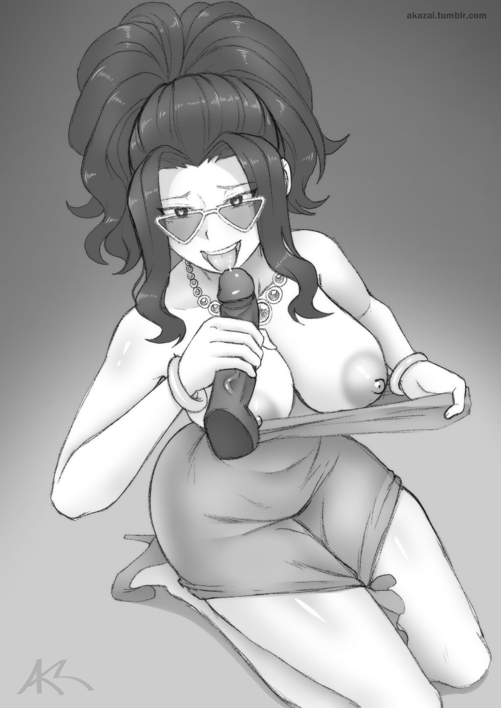 1boy, 1girls, akazlime, alternate hairstyle, areolae, bangle, bare arms, bare shoulders, bracelet, breasts, breasts out, dark skin, dark-skinned male, dildo, disembodied penis, dress, dress pull, female, female focus, furrowed eyebrows, gradient, gradient background, grey background, greyscale, groping, high heels, interracial, jewelry, kneeling, large breasts, looking over eyewear, looking over glasses, looking over sunglasses, male, momo yaoyorozu, monochrome, my hero academia, necklace, nipples, official alternate costume, open mouth, penis, penis grab, ponytail, pulled by self, seiza, sex toy, shoes, signature, simple background, sitting, solo, strapless, strapless dress, sunglasses, tagme, tied hair, tinted eyewear, tongue, tongue out