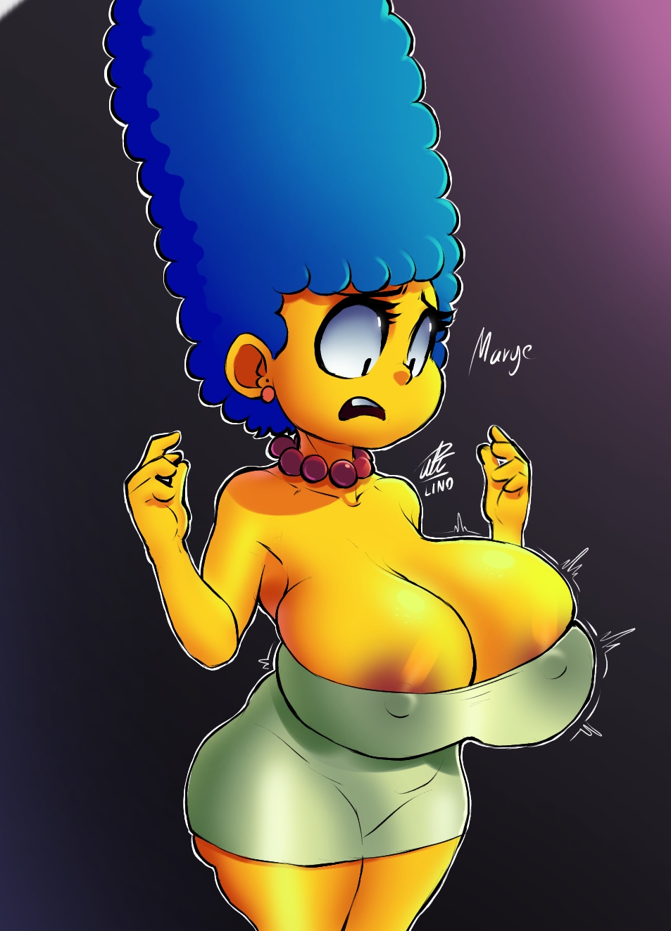 1girls, areolae, areolae slip, big breasts, blue hair, breast expansion, breast growth, breast growth (enlargement), breasts, clothed, expansion, female, female only, long hair, marge simpson, penicilino123, pepitocuario123, shocked expression, shortstack, simple background, the simpsons, thick thighs, yellow body