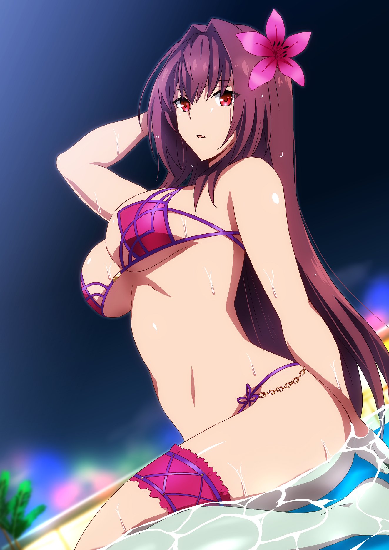 breasts, fate (series), fate/grand order, female, female only, hera (hara0742), large breasts, long hair, purple hair, red eyes, scathach (fate), scathach (swimsuit assassin), solo, solo female, solo focus
