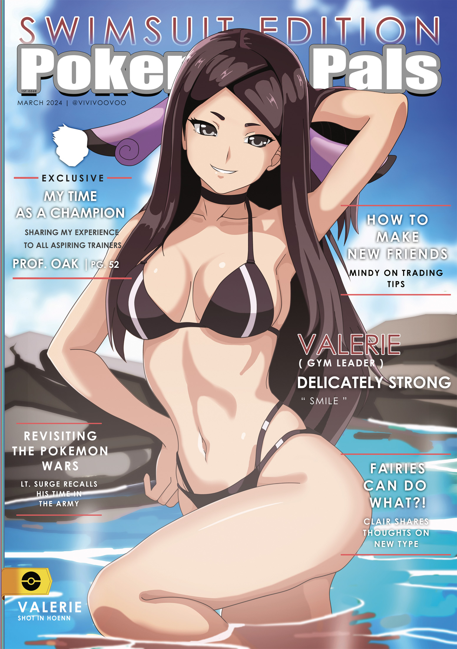 1girls, arm up, bikini, black hair, breasts, choker, female, game freak, grin, gym leader, hair ornament, hot spring, long hair, looking at viewer, magazine cover, medium breasts, model, modeling, nintendo, pageantry, pokemon, pokemon xy, pose, realistic breast size, realistic proportions, smile, solo, supermodel, tagme, text, text focus, two piece swimsuit, valerie (pokemon), vivivoovoo, water