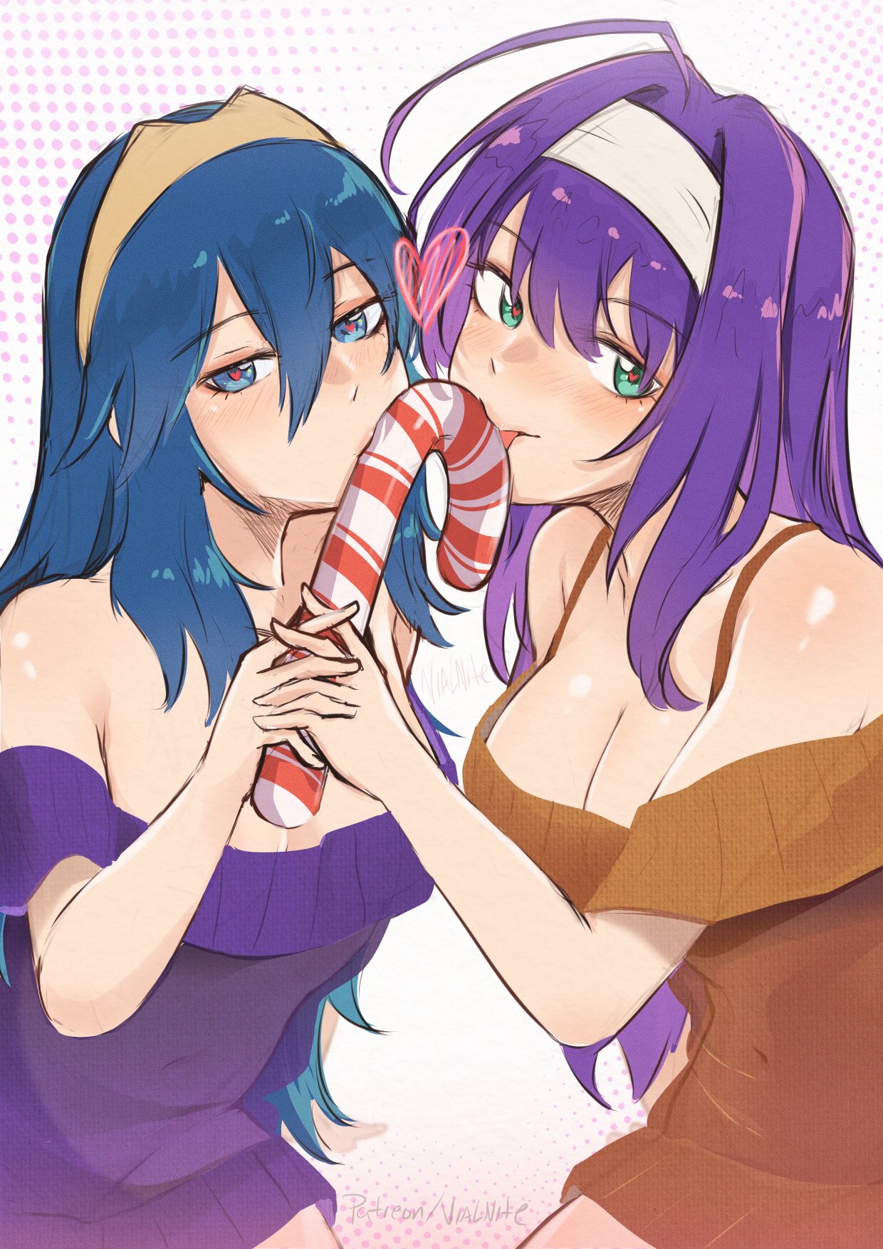 2girls alternate_costume bare_shoulders blue_eyes blue_hair breasts candy candy_cane christmas female female_only fire_emblem fire_emblem:_path_of_radiance fire_emblem:_radiant_dawn fire_emblem_awakening food green_eyes hairband heart highres holding holding_candy holding_food kissing licking licking_penis long_hair looking_at_viewer lucina_(fire_emblem) medium_breasts mia_(fire_emblem) multiple_girls nintendo off-shoulder_shirt off_shoulder orange_shirt penis_kiss purple_hair purple_shirt shirt short_sleeves suggestive upper_body very_long_hair vialnite white_hairband