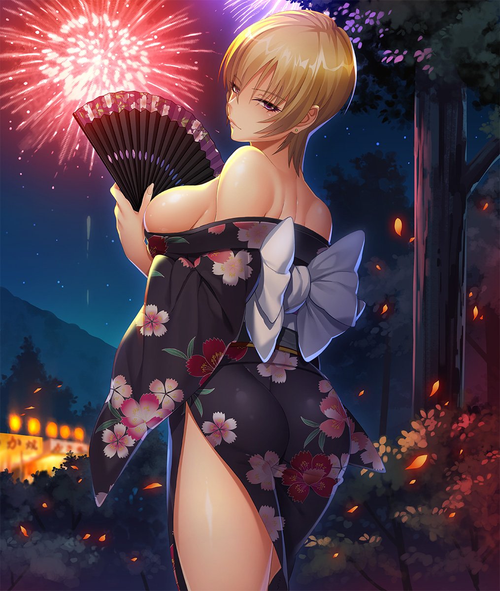 aerial_fireworks ass back bare_shoulders black_kimono blonde_hair blurry blush bow breasts bursting_breasts bush closed_mouth commentary_request cowboy_shot depth_of_field earrings eyelashes eyes_visible_through_hair female festival fingernails fireworks floral_print folding_fan from_side hair_between_eyes half-closed_eyes hand_fan hand_up head_tilt highres holding holding_fan japanese_clothes jewelry kimono lantern large_breasts light_smile lights lips long_fingernails long_sleeves looking_at_viewer looking_back mountain naked_kimono night night_sky no_bra no_panties nobushito obi off_shoulder official_art outdoors paper_fan parted_bangs petals purple_eyes sash second-party_source seductive_smile shiny_skin short_hair side_slit sideboob sky smile solo sonia_(taimanin_asagi) standing star_(sky) starry_sky stud_earrings taimanin_(series) taimanin_asagi_kessen_arena thighs tight_clothes tree very_short_hair white_bow wide_sleeves yukata