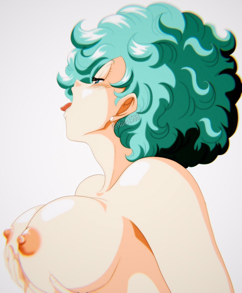 afro, areolae, bedroom eyes, big breasts, blue eyes, blue hair, breasts, bulma (afro), bulma briefs, color, completely nude, dragon ball, dragon ball z, female, grabbing own breast, holding breast, huge breasts, line art, nala1588, nipples, nude, open mouth, shounen jump, tongue, tongue out, twitter username, watermark