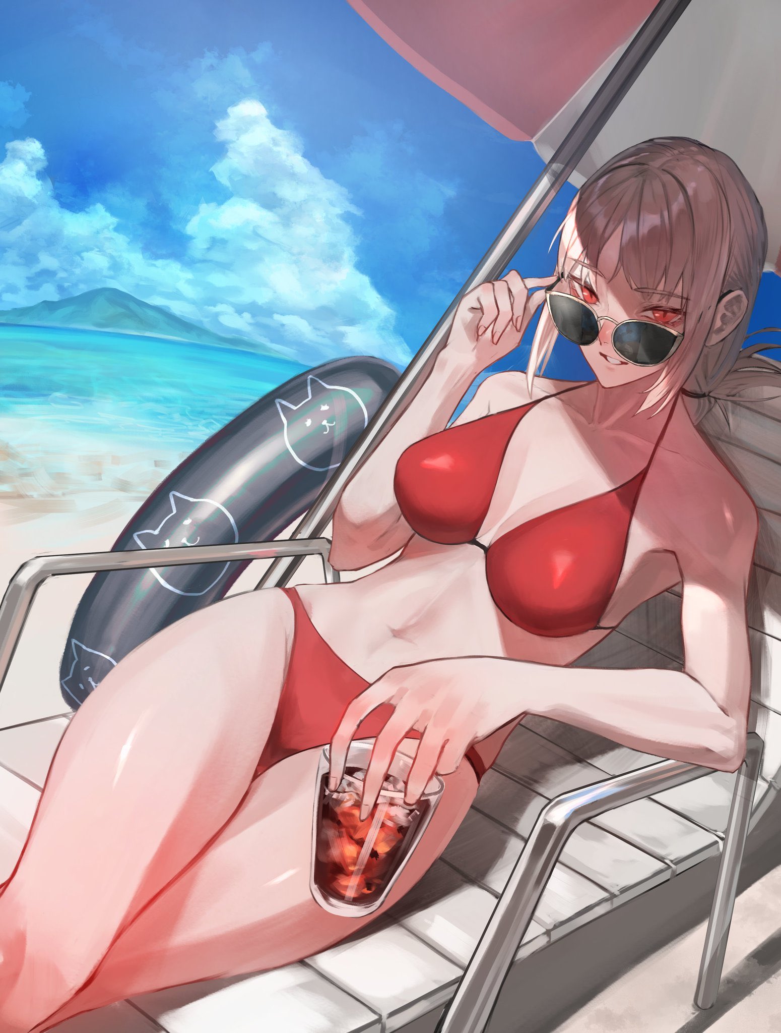 1girls, adjusting eyewear, adjusting glasses, beach, bikini, braid, breasts, chair, cup, drinking glass, fate (series), fate/grand order, female, female focus, female only, florence nightingale (fate), highres, ice, ice cube, innertube, legs crossed, looking over eyewear, looking over glasses, lounge chair, makitoshi0316, navel, ocean, parasol, pink hair, red bikini, red eyes, sunglasses, swimsuit, tagme, tinted eyewear, umbrella
