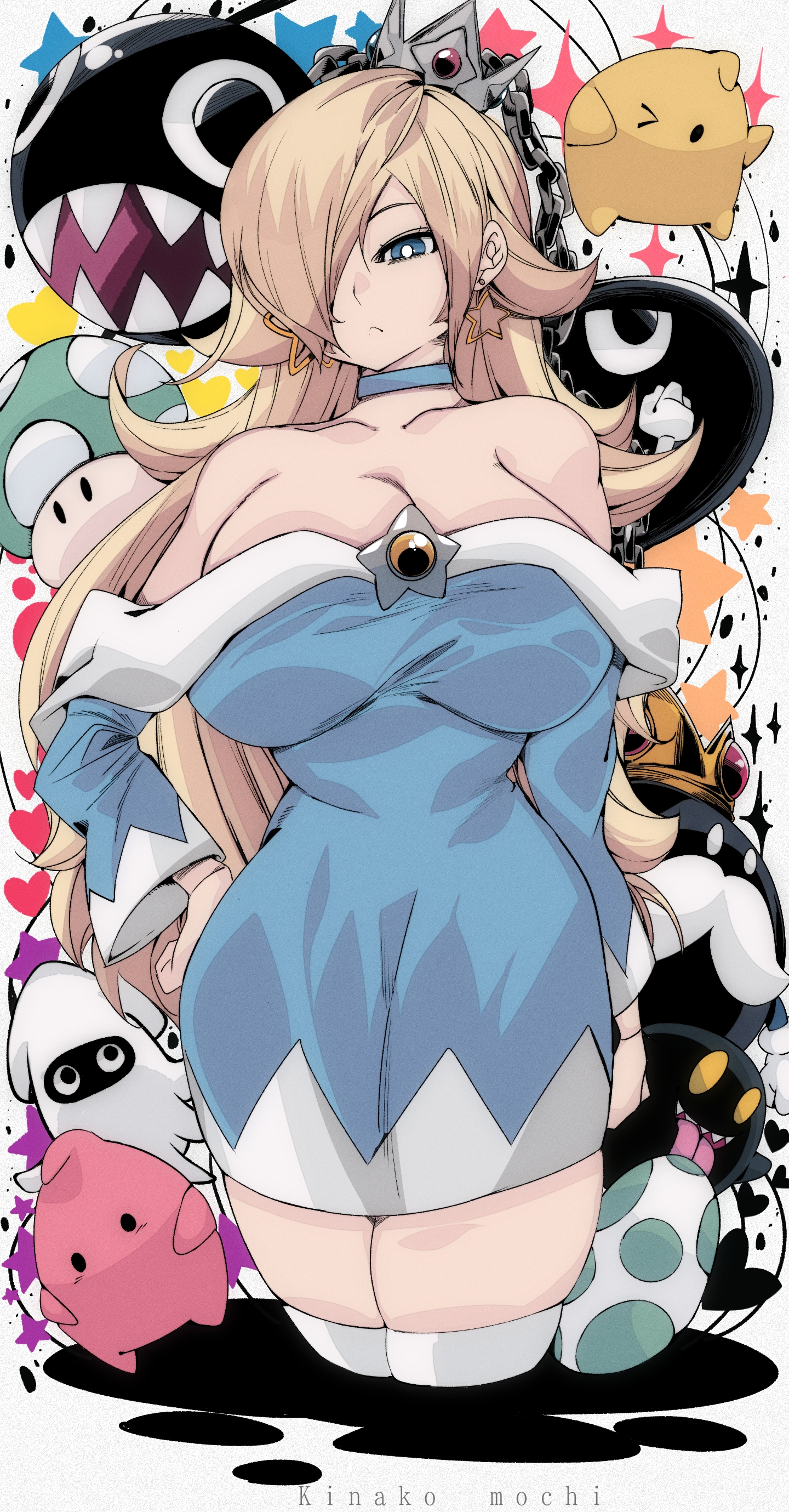 1-up mushroom, animal, blonde hair, blooper, blue dress, blue eyes, bomb, boo (mario), breasts, brooch, bullet, bullet bill, chain chomp, chains, choker, cleavage, collarbone, crown, dress, earrings, egg, explosive, female, female only, gem, ghost, hair over one eye, heart, heart background, jewelry, kinakomochi (user vedc2333), king bob-omb, large breasts, long hair, long sleeves, looking at viewer, luma, mario (series), mushroom, nintendo, off shoulder, off-shoulder dress, omochi db, princess, princess rosalina, sharp teeth, sparkle, sparkle background, squid, standing, star (symbol), star brooch, star earrings, star symbol background, super mario galaxy, teeth, thighhighs, white background, white thighhighs, yellow gemstone, yoshi egg