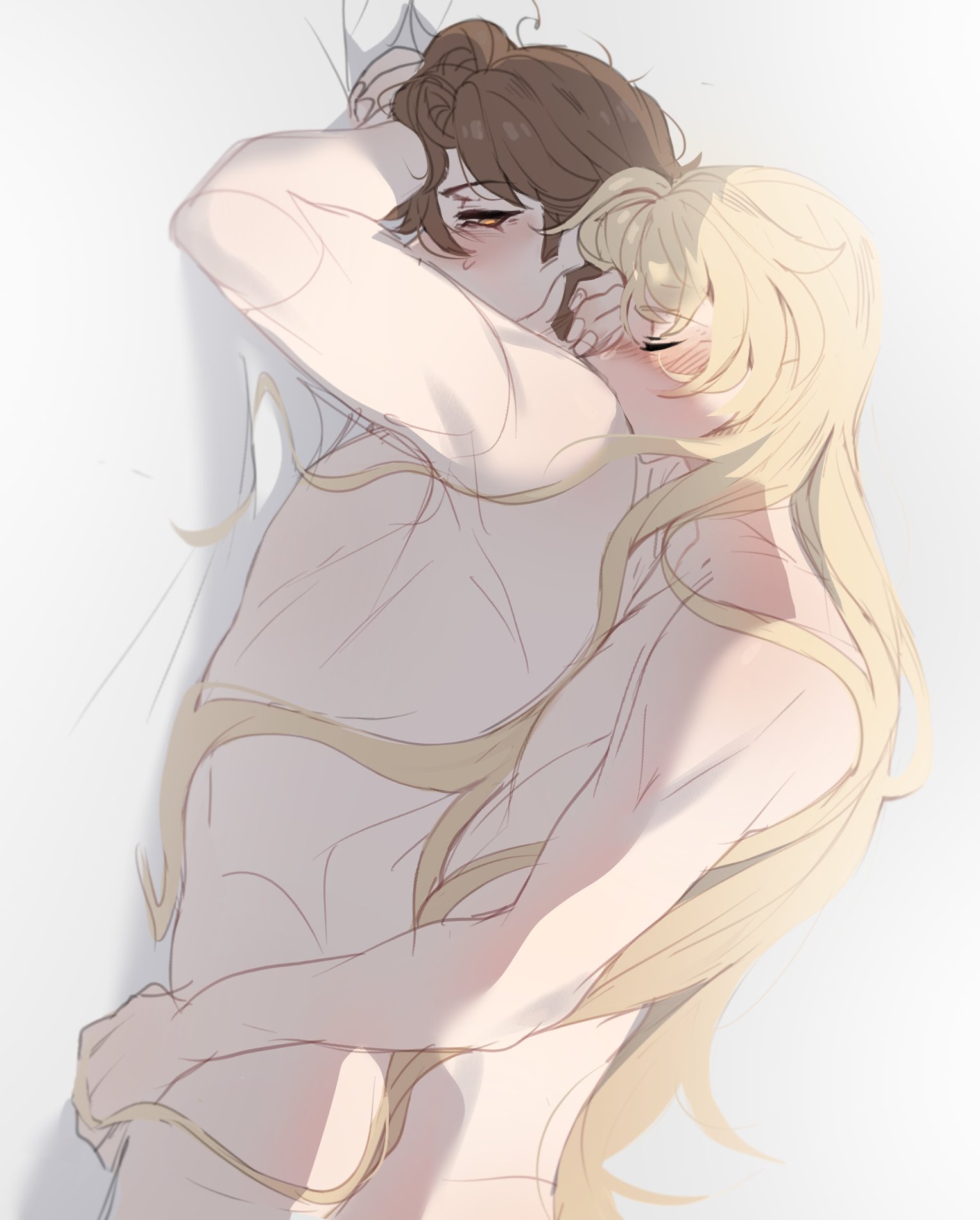 2boys, after sex, asleep, blonde hair, blonde-haired male, blush, closed eyes, flustered, gay, honkai (series), honkai: star rail, ilewdha, long hair, luocha (honkai: star rail), male, on back, very long hair, welt yang (honkai: star rail), yaoi