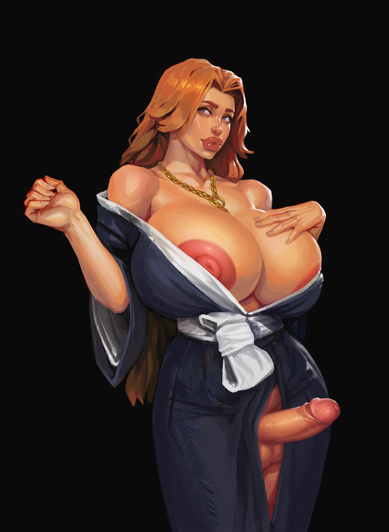 1futa, alternate version available, areola slip, areolae, balls, big breasts, big lips, big penis, bimbo, bimbo lips, bimbofied, bleach, blue eyes, boobsgames, breasts, breasts out, brown hair, cleavage, clothed, clothing, erect penis, erection, futa only, futanari, hair, huge breasts, human, intersex, large breasts, light skin, light-skinned futa, lips, long hair, matsumoto rangiku, mature, mature futa, necklace, neckwear, nipples, nipples outside, orange hair, penis, penis out, plump lips, robe, smooth balls, smooth penis, solo, solo futa, standing, thick lips