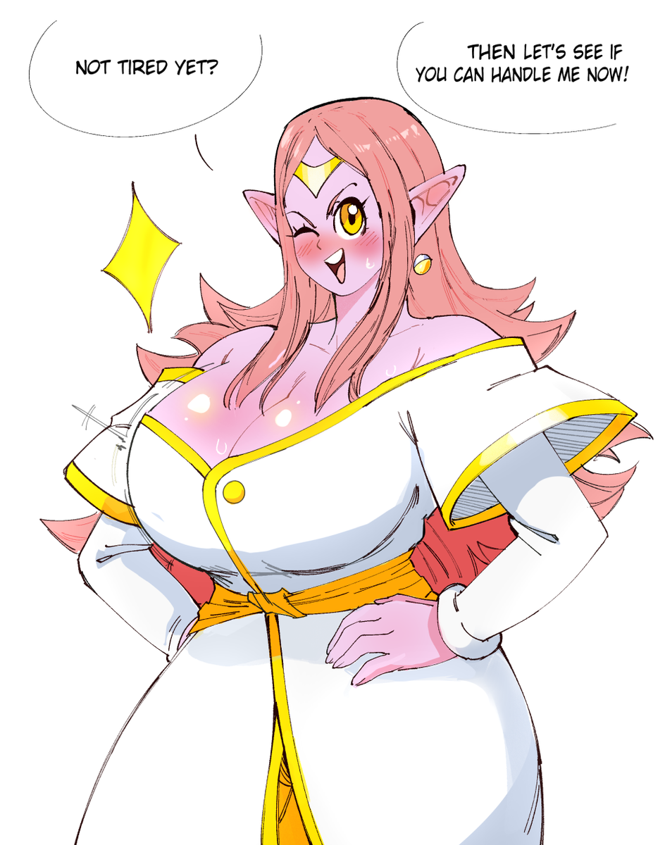 alternate_breast_size chronoa clothed_female dragon_ball dragon_ball_heroes embo goddess looking_at_viewer one_eye_closed pink_skin pointy_ears potara_earrings solo speech_bubble super_dragon_ball_heroes supreme_kai supreme_kai_of_time tagme text time_power_unleashed_form_(dragon_ball) wink yellow_eyes