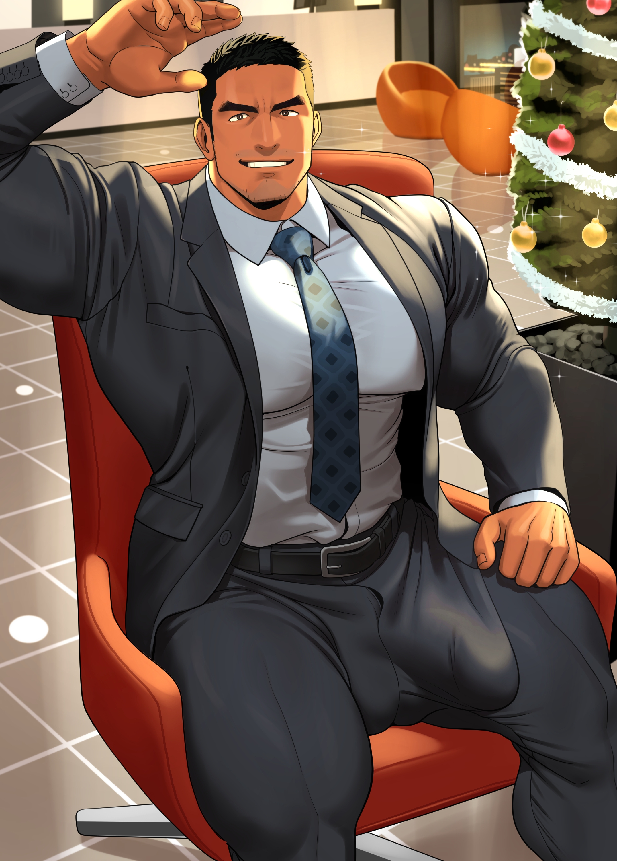 bara, biceps, big bulge, bodybuilder, bulge, christmas, christmas tree, facial hair, flaccid, huge bulge, hunk, kuromine hiraya, looking at viewer, male, male focus, male only, muscles, muscular, muscular arms, muscular legs, muscular male, muscular thighs, pecs, penis, penis bulge, penis outline, smiling at viewer, solo, solo male, tight clothing, yaoi, yuatari