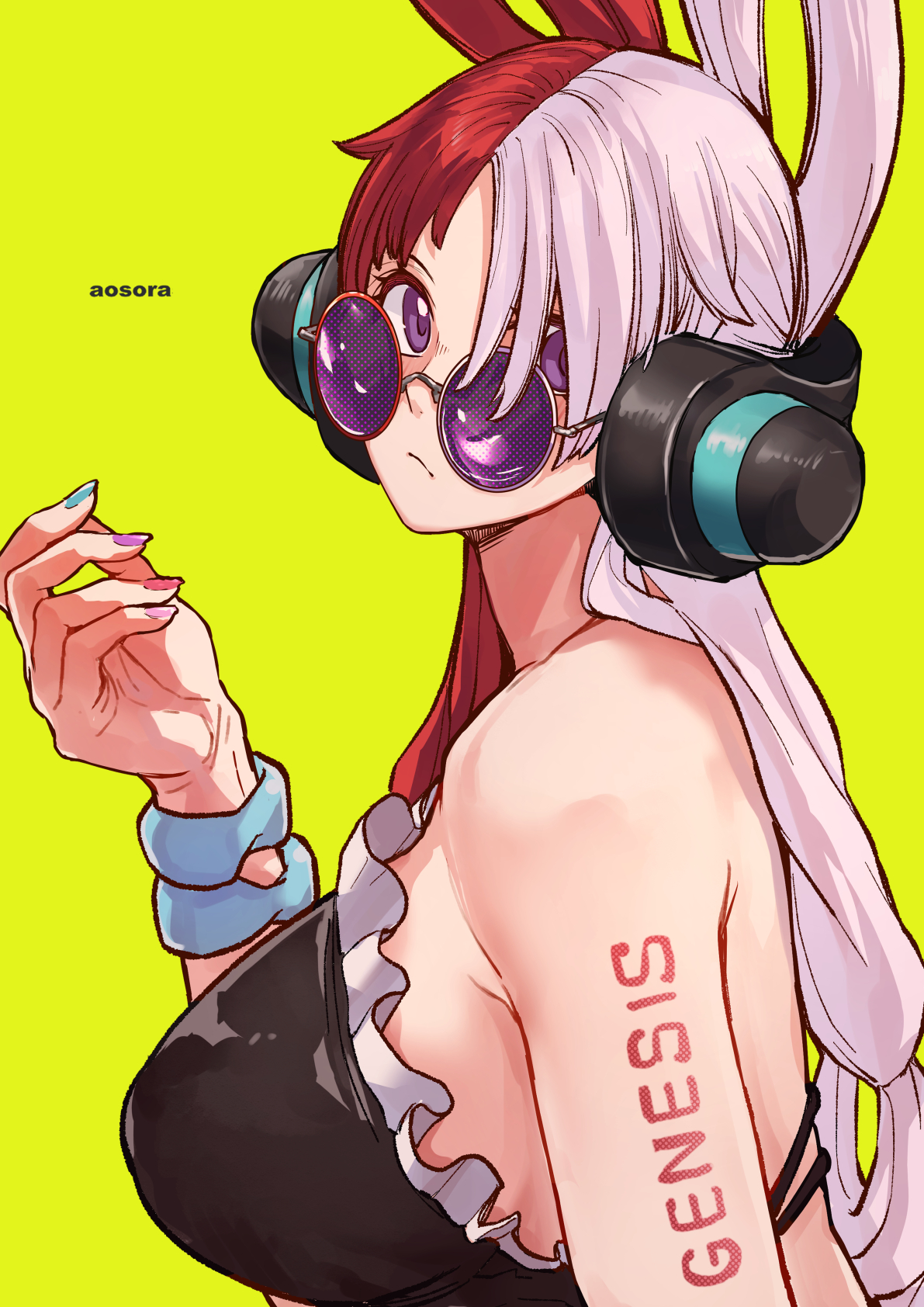 1girls, accurate art style, aosora, artist name, blue nails, closed mouth, dress, female, female only, green background, headphones, long hair, looking at viewer, looking over eyewear, multicolored hair, multicolored nails, nail polish, one piece, pink nails, purple eyes, purple nails, purple-tinted eyewear, red hair, red nails, red-haired female, round eyewear, shoulder tattoo, simple background, solo, sunglasses, tattoo, tinted eyewear, two-tone hair, uta (one piece), white hair, white-haired female