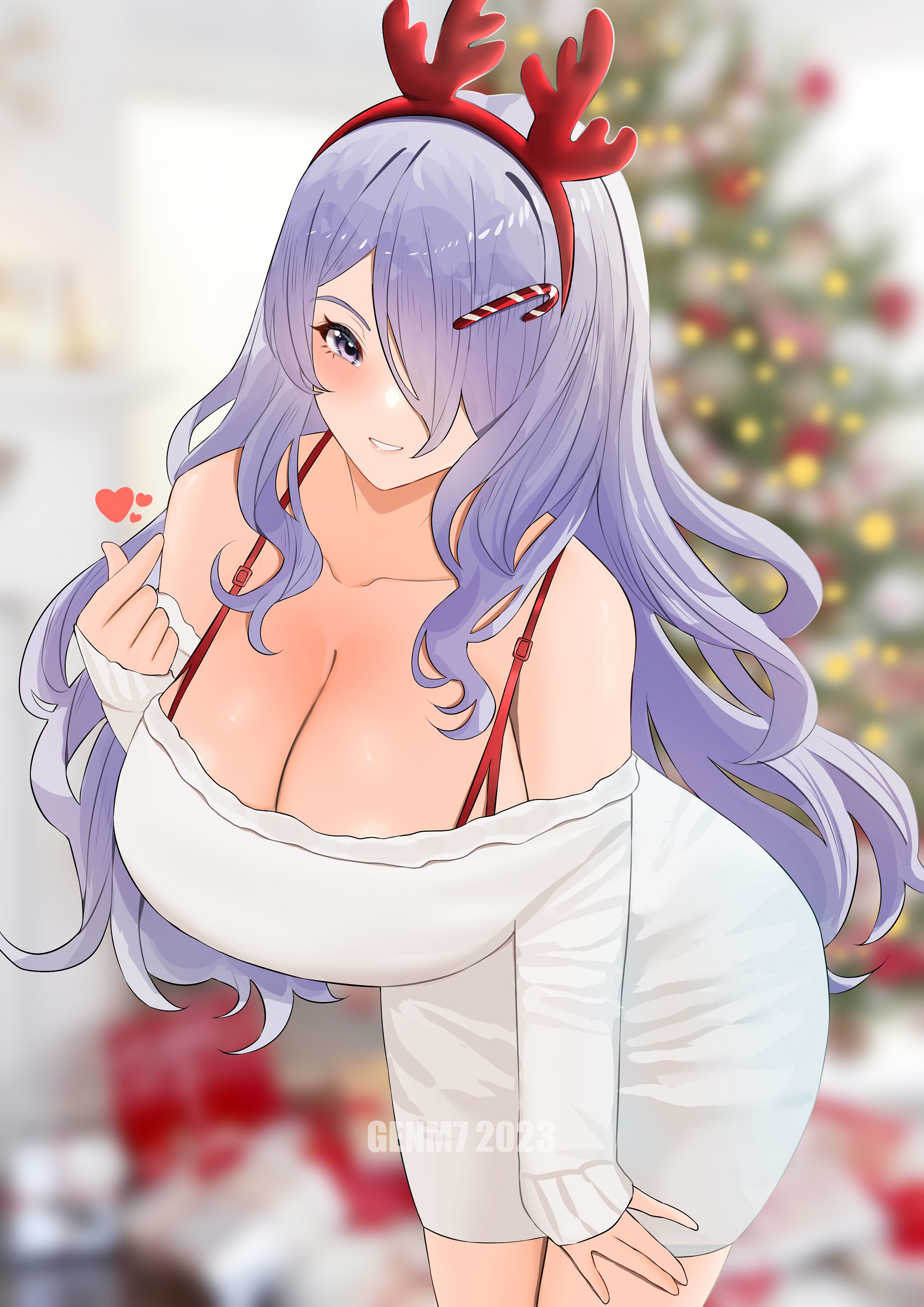 1girls, alternate costume, breasts, camilla (fire emblem), christmas, cleavage, female, fire emblem, fire emblem fates, genm7, hair over one eye, highres, large breasts, light skin, long hair, looking at viewer, nintendo, purple eyes, purple hair, smile, thighs