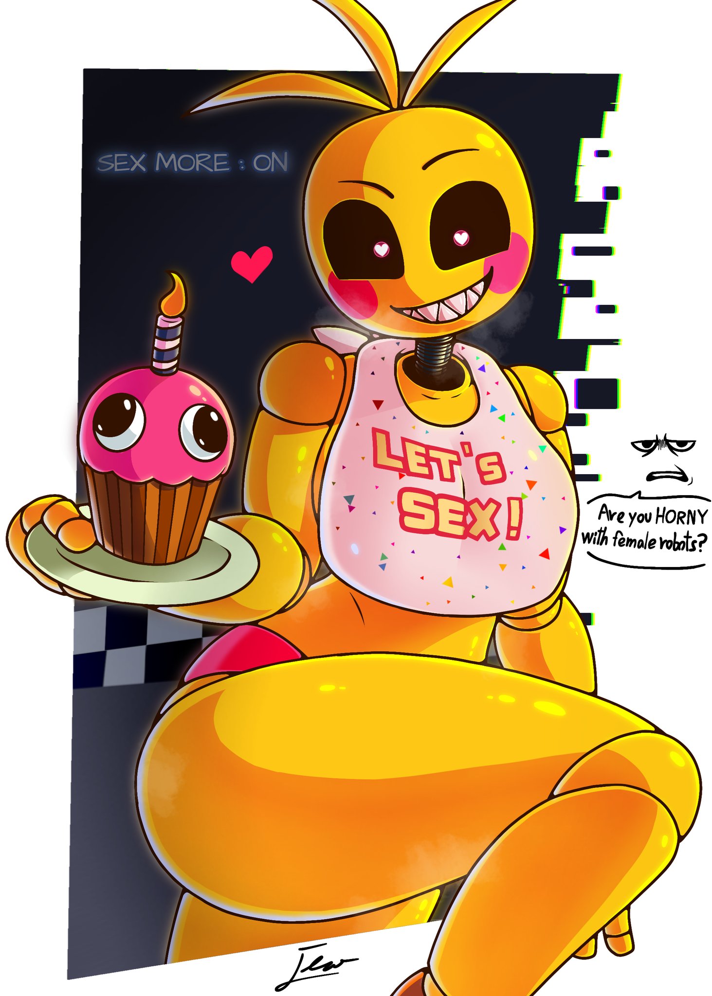 animatronic, bib, black eyes, chicken, chicken girl, cupcake, female, five nights at freddy's, five nights at freddy's 2, leg up, let's sex, looking at viewer, robot, sharp teeth, solo, toy chica (fnaf), wachijewelry08
