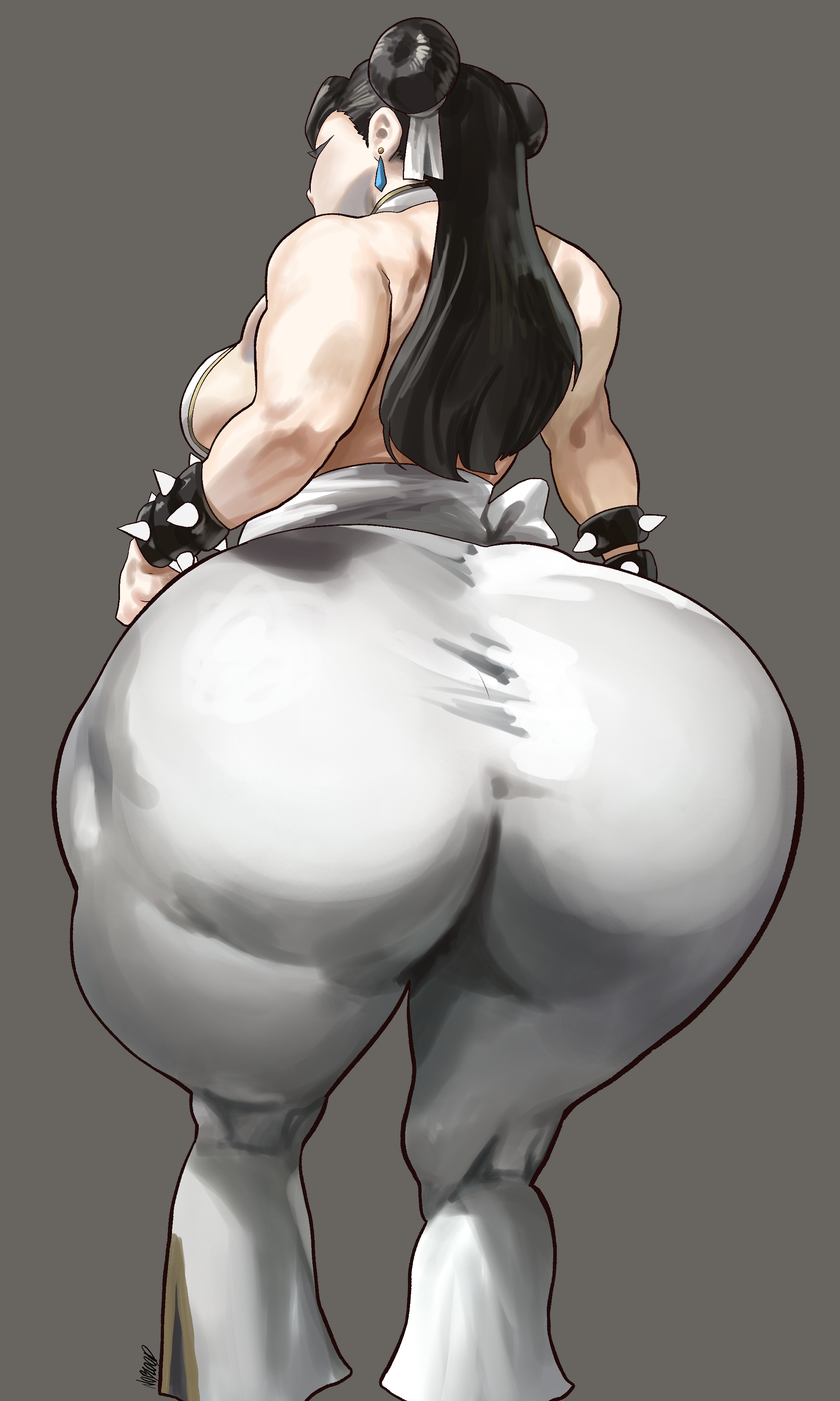1girls, 2023, ass, big ass, bottom heavy, breasts, bubble ass, bubble butt, capcom, chun-li, clothing, double bun, ear piercing, earrings, fat ass, female, female focus, female only, grey background, huge ass, large ass, massive ass, noblood, pants, piercing, rear view, ryandomonica, solo, street fighter, thick ass, thick thighs, thunder thighs, wide hips