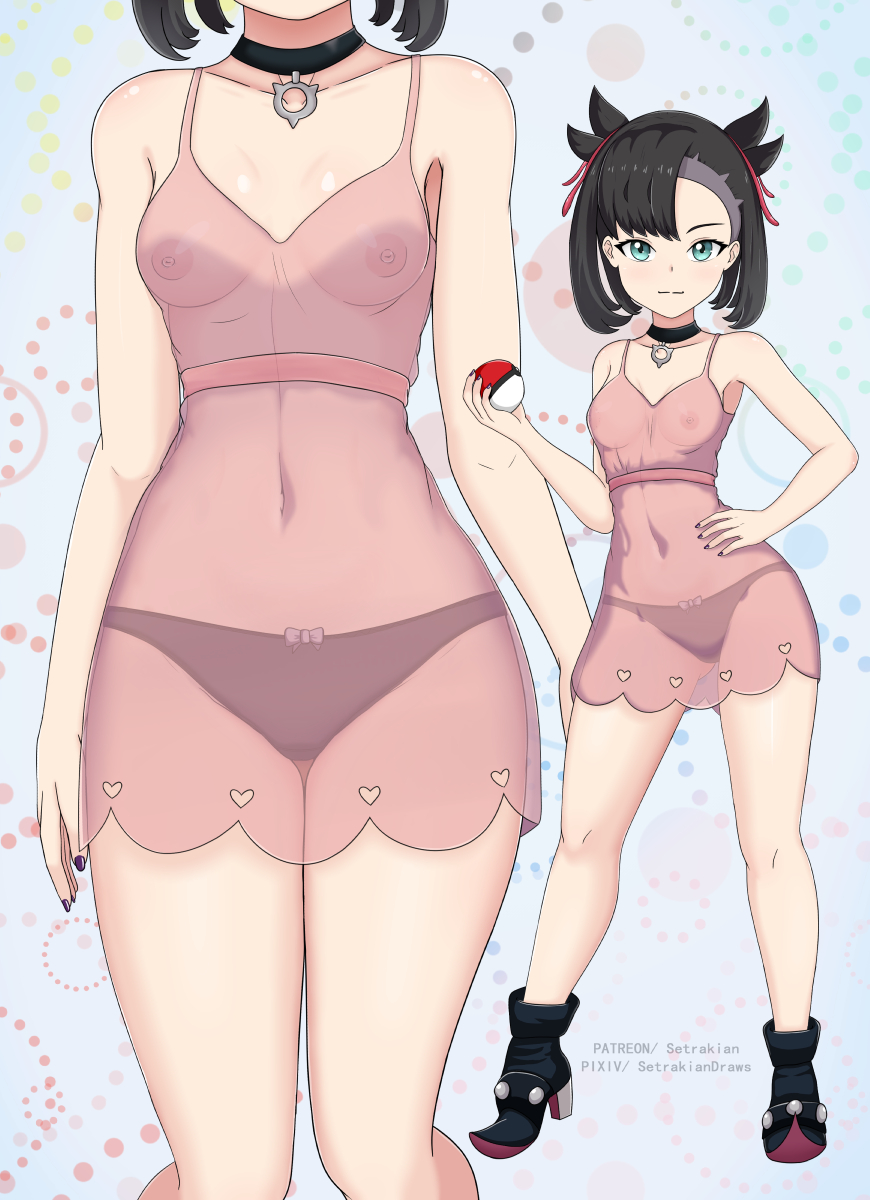 black_hair black_panties female goth green_eyes hair_ribbon human marnie_(pokemon) nipples pale_skin pink_dress pokeball pokemon pokemon_ss setrakian small_breasts solo transparent_clothing twintails