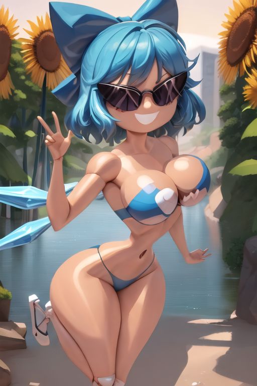 ai_generated armpits ass bimbo bimbo_body bimbofication bimbofied body_modification breasts cirno dollification female implied_transformation knick_knack npg8993 permanent_smile smile sunglasses sunnification thick_thighs thin_waist tinted_eyewear touhou transformation wide_hips