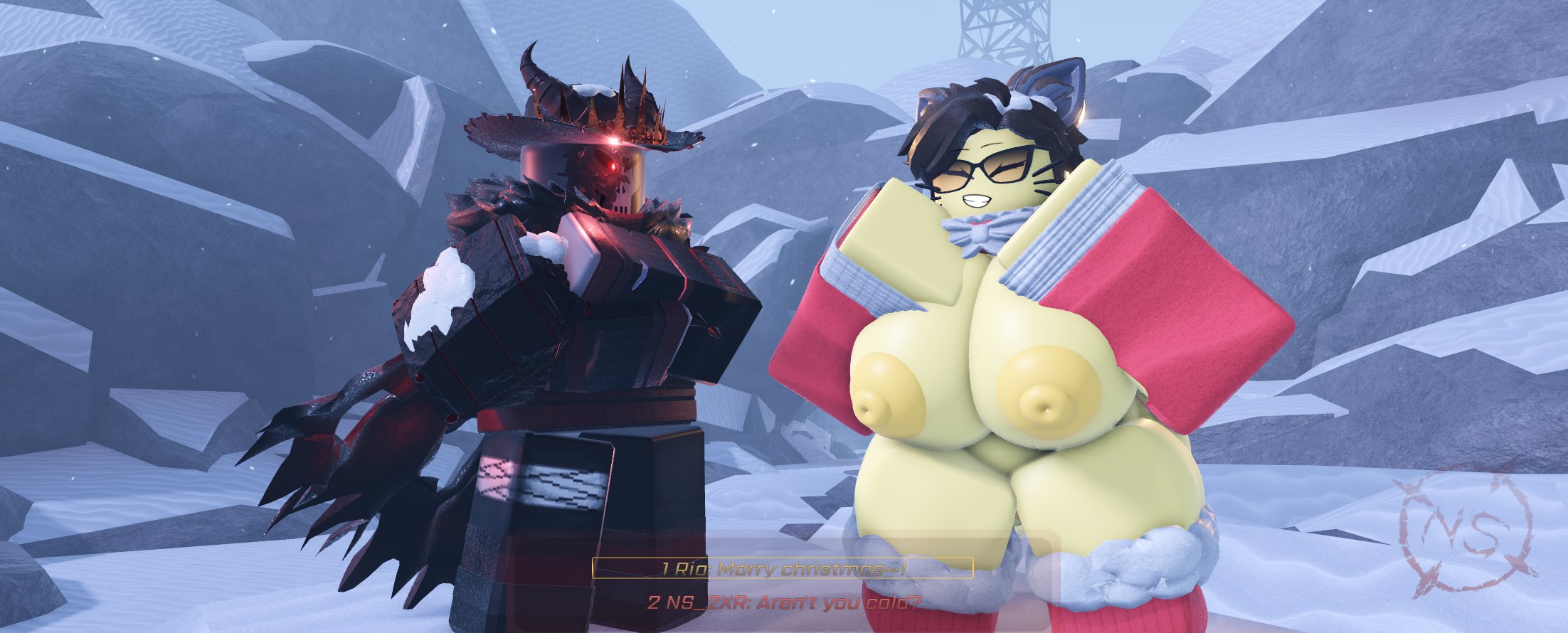 1boy, 1girls, 3d, areolae, big breasts, breasts, caption, christmas, female, male, mostly nude female, naked, nipples, ns redacted, outside, roblox, robloxian, smile, snow, tagme, thighs, widescreen