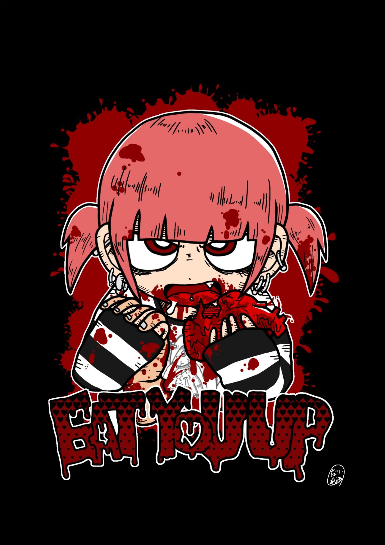 black_background blood blood_in_hair blood_on_clothes blood_on_face blood_on_hands blood_splatter cannibalism chibi die_aria ear_piercing female heart highres holding holding_heart not_porn original piercing red_eyes red_hair sfw signature solo tongue_piercing twintails