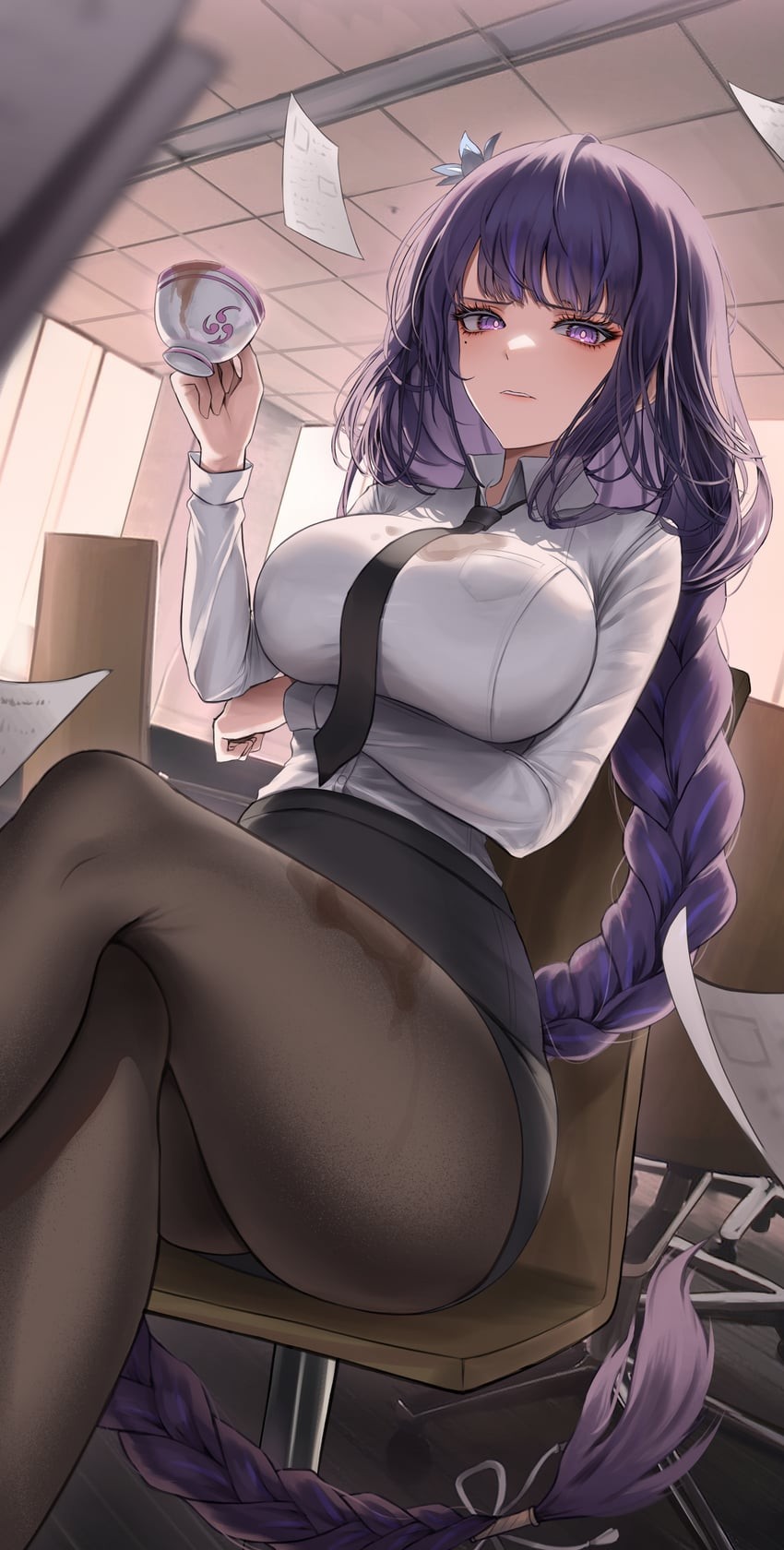 concerned, female, genshin impact, purple hair, raiden shogun, solo female, spilled drink