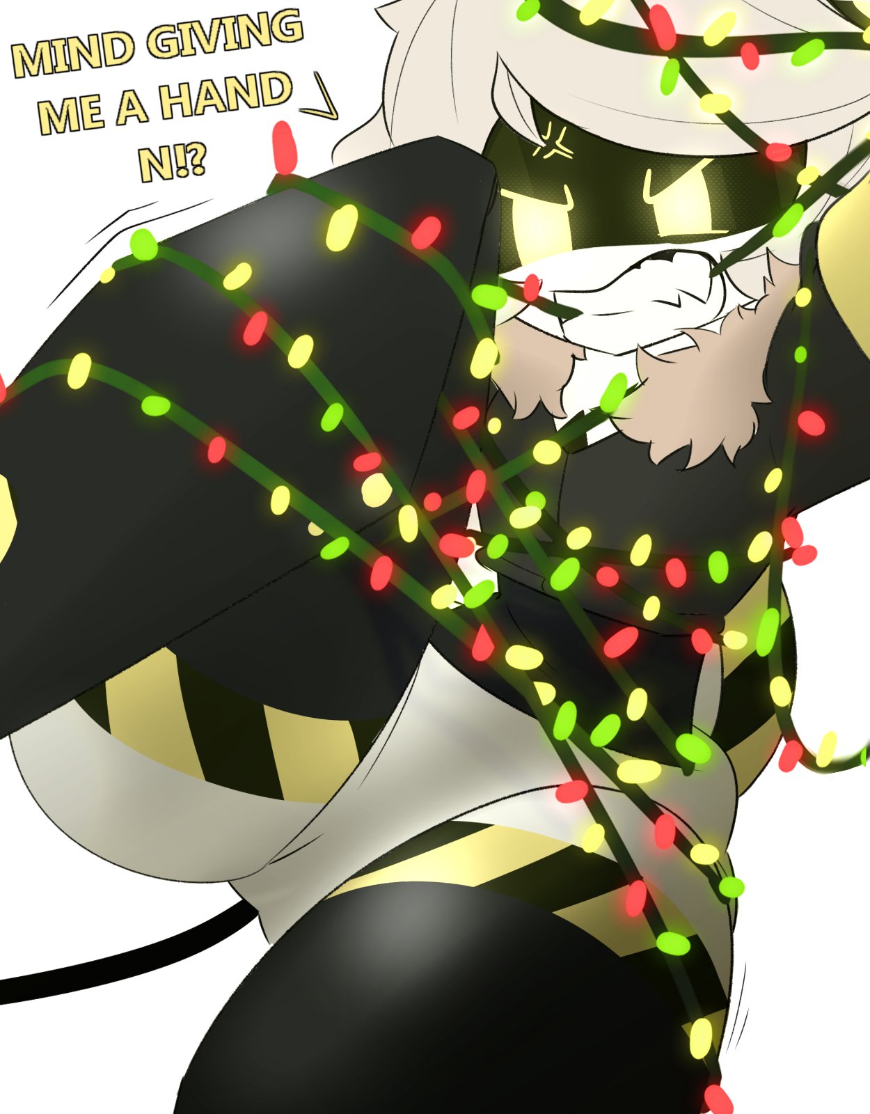 angry, angry face, ass, big ass, big thighs, breasts, christmas, christmas lights, dialogue, drone, fangs, female, female only, huge ass, huge thighs, jacket, lawgx, murder drones, robot, robot girl, short hair, tagme, text, thick hips, thick thighs, thighs, v (murder drones), white hair