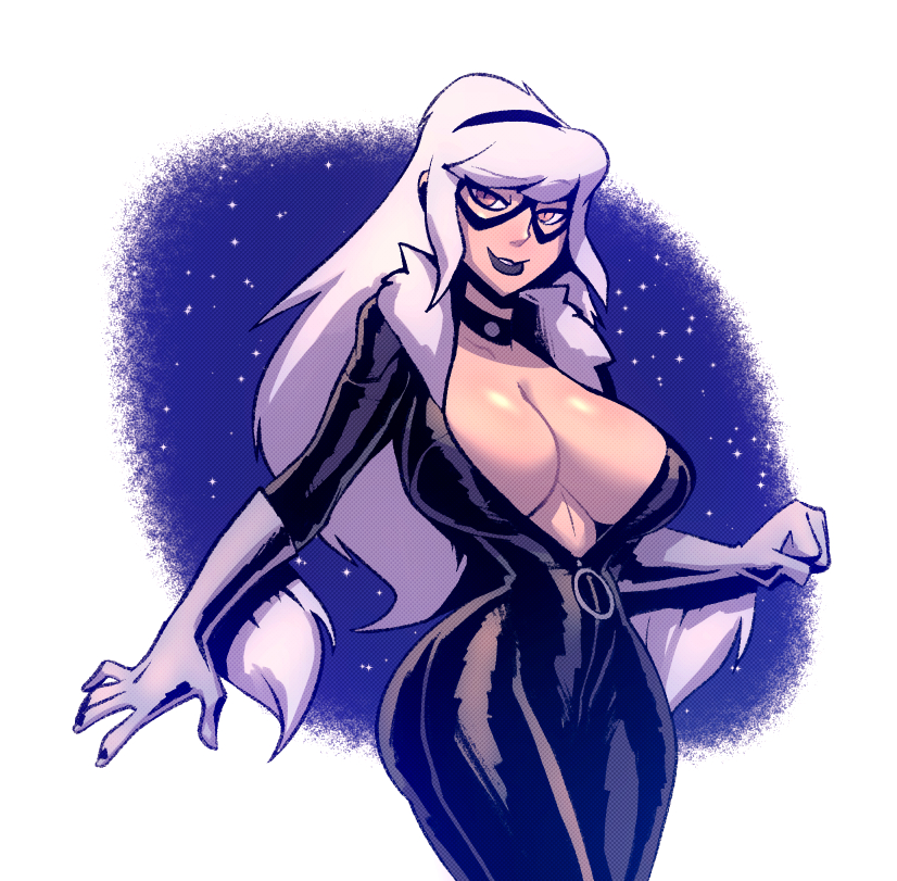 1girls, big breasts, bigdad, black cat (marvel), black lipstick, breasts, clothed, clothing, felicia hardy, female, female focus, female only, inner sideboob, large breasts, lipstick, long hair, looking at viewer, marvel, marvel comics, solo, solo female, spider-man (series), thighs, unzipped bodysuit, villainess, white hair